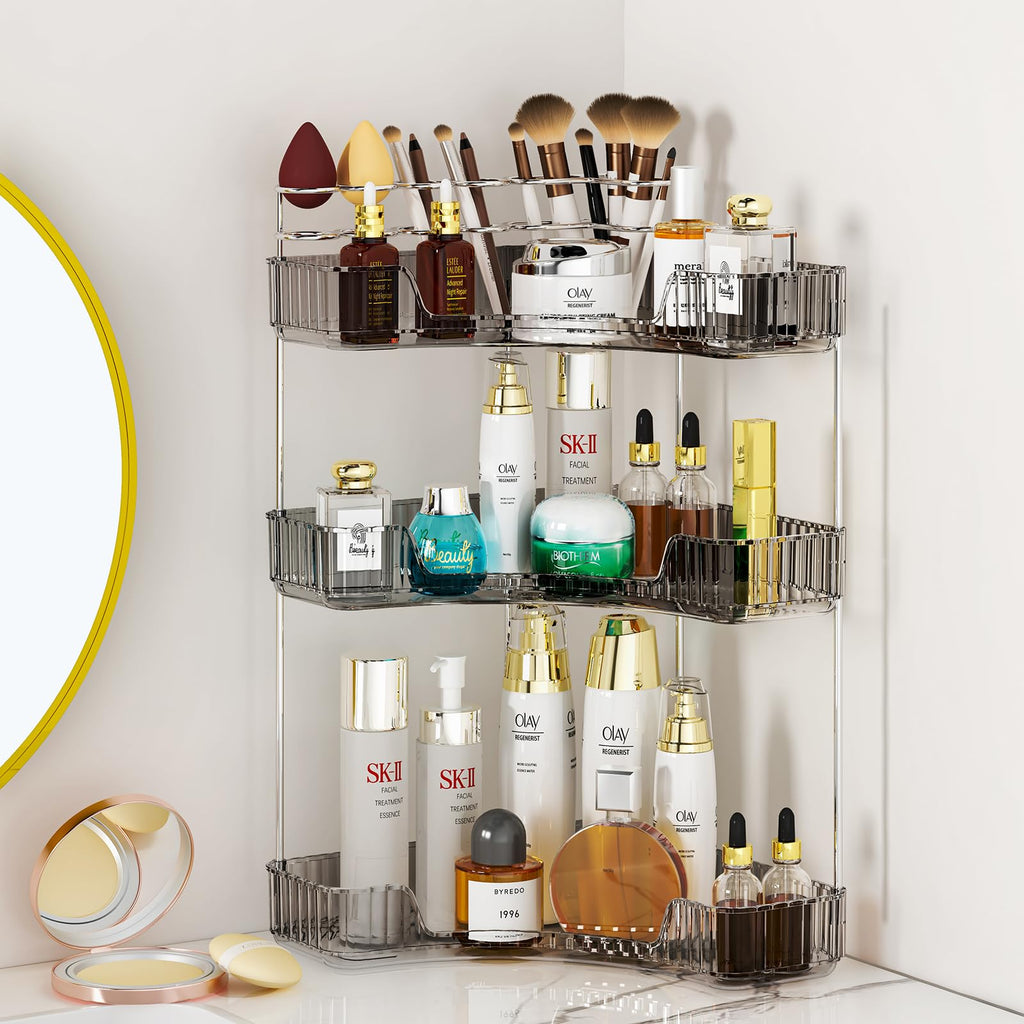SUNZOS Modern 3-Tier Bathroom Organizer, Corner Makeup Storage with Brush Holder, Acrylic Vanity Organizer, Large Capacity Count