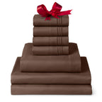 Mellanni Split King Sheet Set - 7-Piece Iconic Collection Bedding, (Including 4 Pillowcases), 16-Inch Deep Pocket, Easy Care, Extra Soft, Cooling Sheets, Brushed Microfiber - Brown