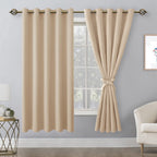 Hiasan Blackout Curtains For Bedroom, 60 X 63 Inches Length - Thermal Insulated & Energy Saving Window Curtains For Living Room, 2 Drape Panels Sewn With Tiebacks, Beige