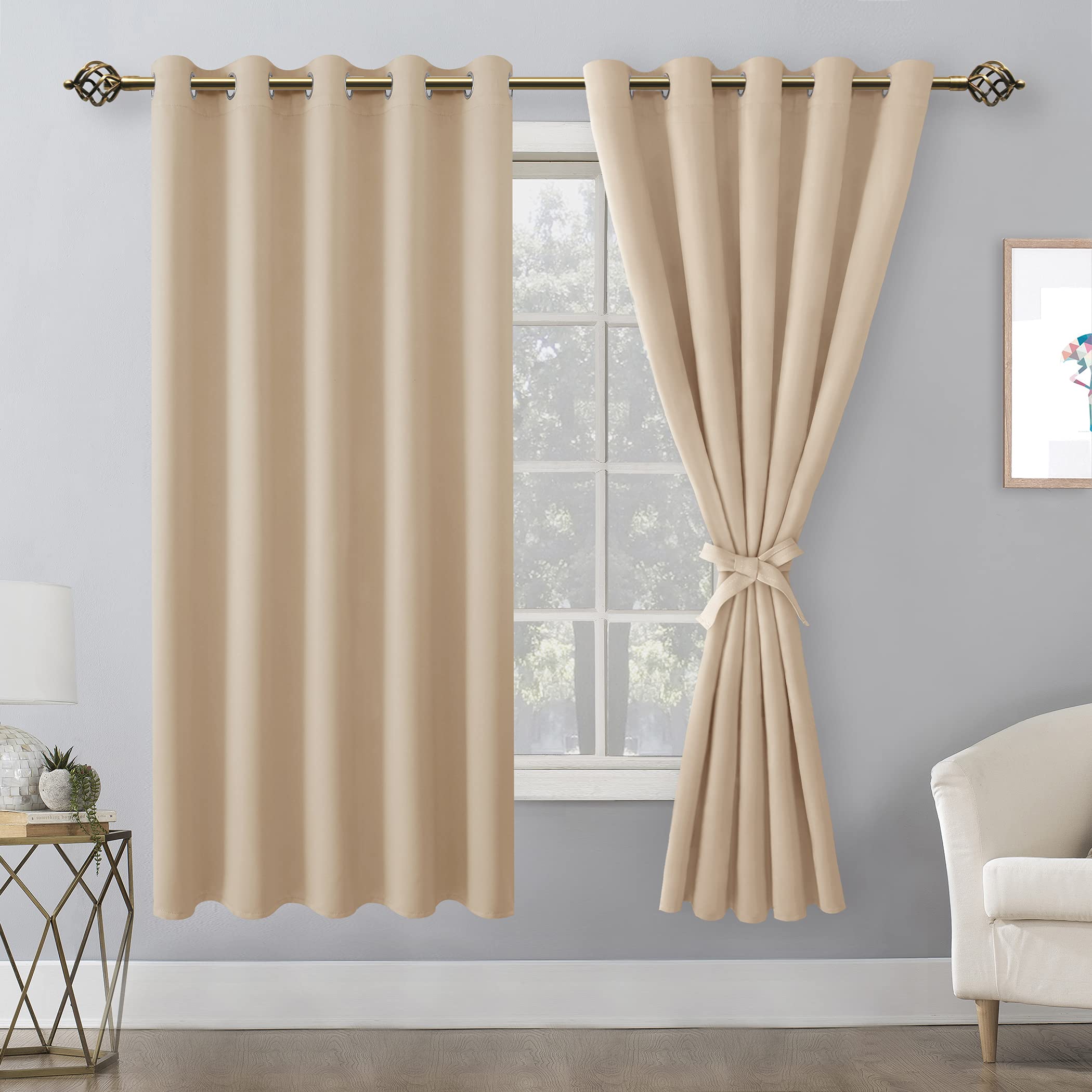 Hiasan Blackout Curtains For Bedroom, 60 X 63 Inches Length - Thermal Insulated & Energy Saving Window Curtains For Living Room, 2 Drape Panels Sewn With Tiebacks, Beige