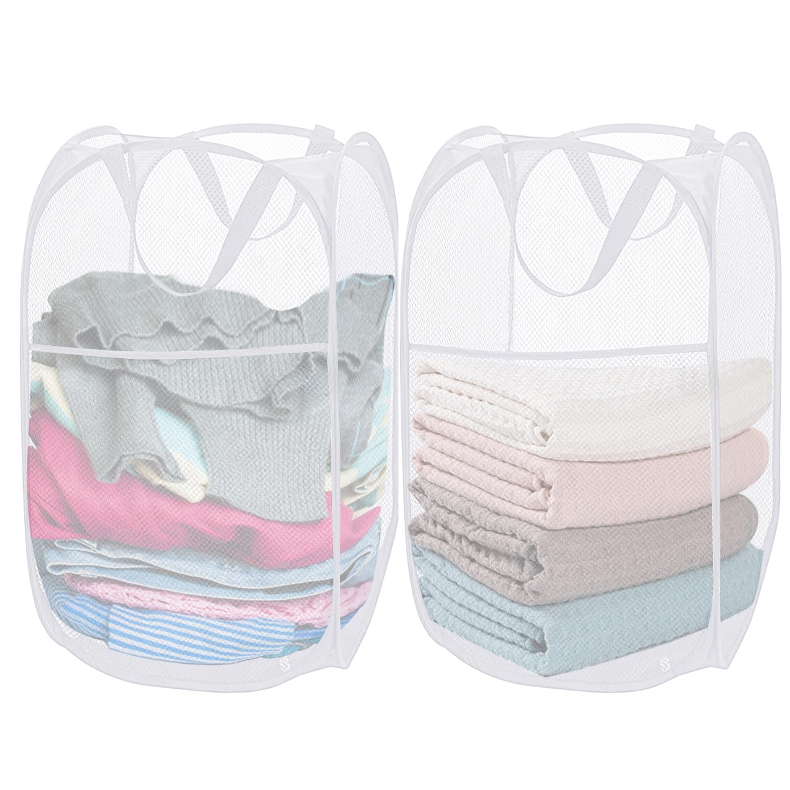 Aplter 2 Pack Mesh Pop Up Laundry Baskets, Collapsible Laundry Hampers, Foldable Clothes Basket Storage Bins with Handles & Side