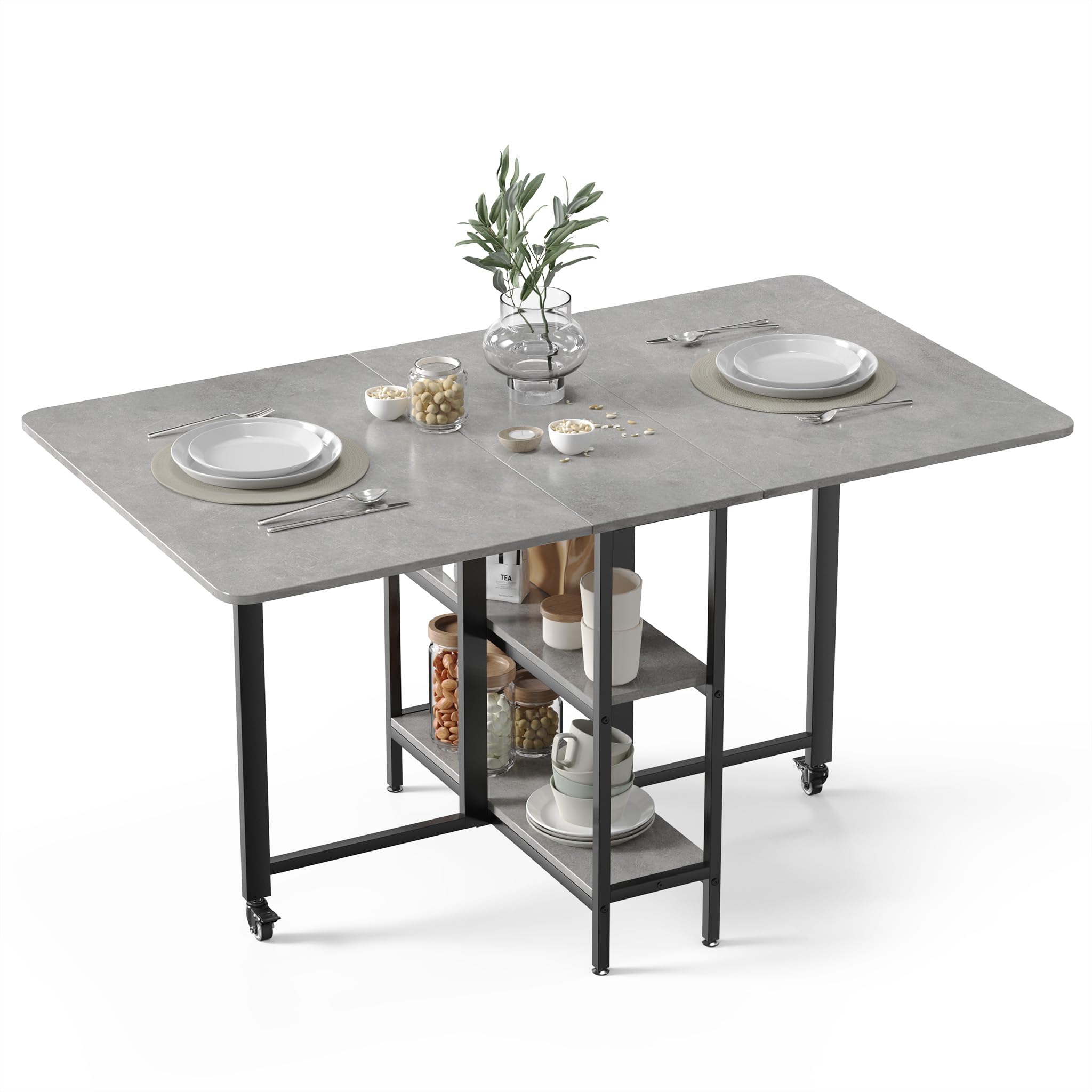 Mondeer Mobile Folding Dining Table, Drop Leaf Table with 2 Open Storage Shelves for Small Spaces Dining Room Kitchen, 140 x 80 