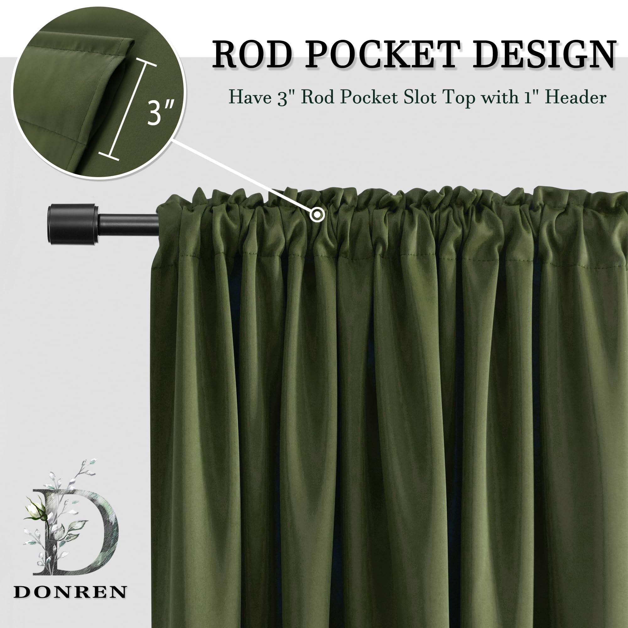 Donren 108 Inch Extra Length Blackout Curtains For Villa Bedroom, Dark Green Room Darkening Thermal Insulated Window Panels For Patio (52' Wide X 108' Long,Olive,2 Pieces)