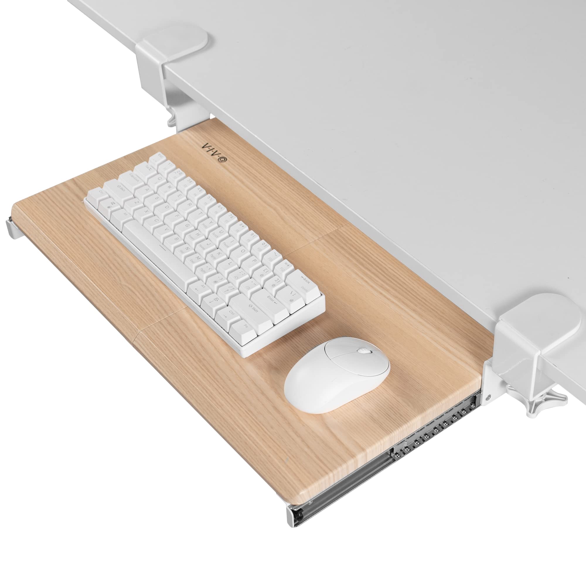Vivo Small Clamp-On Computer Keyboard And Mouse Under Desk Slider Tray, 20 X 11 Inch Pull Out Platform Drawer, Light Wood, Mount