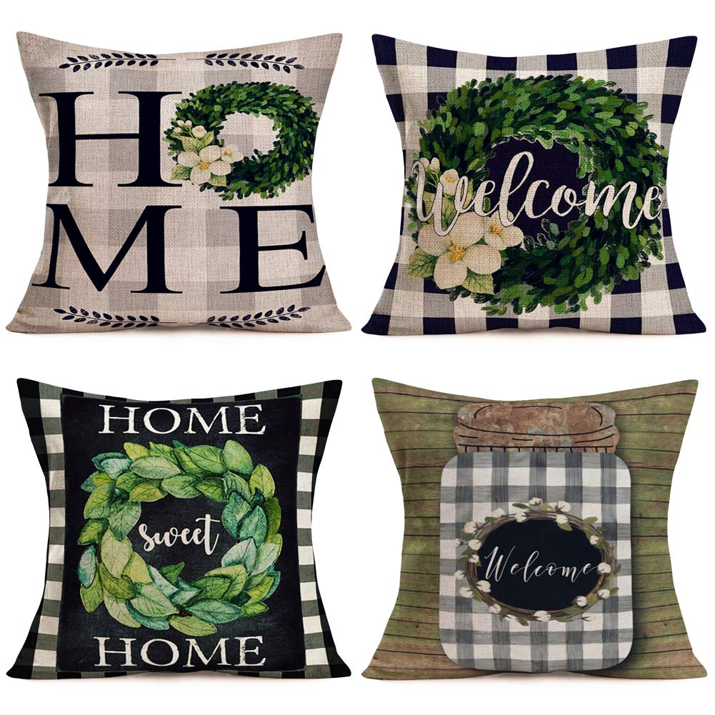 Fukeen Set Of 4 Vintage Buffalo Check Plaids Pillow Covers Welcome Home Sweet Home Quote Wreath Rustic Farmhouse Decorative Thro