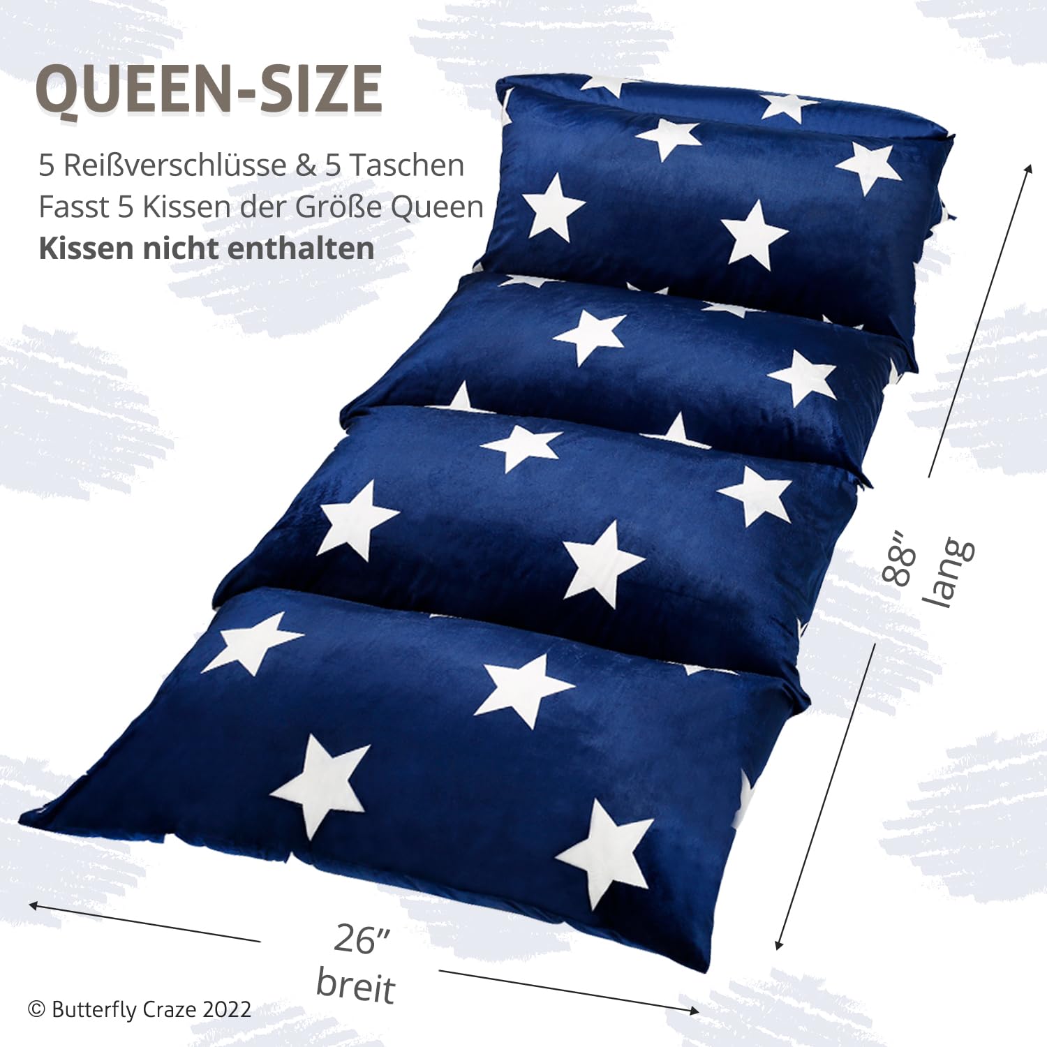 Butterfly Craze Floor Pillow Case, Mattress Bed Lounger Cover, Star Navy, Queen Size - Cozy Seating Solution For Kids & Adults,