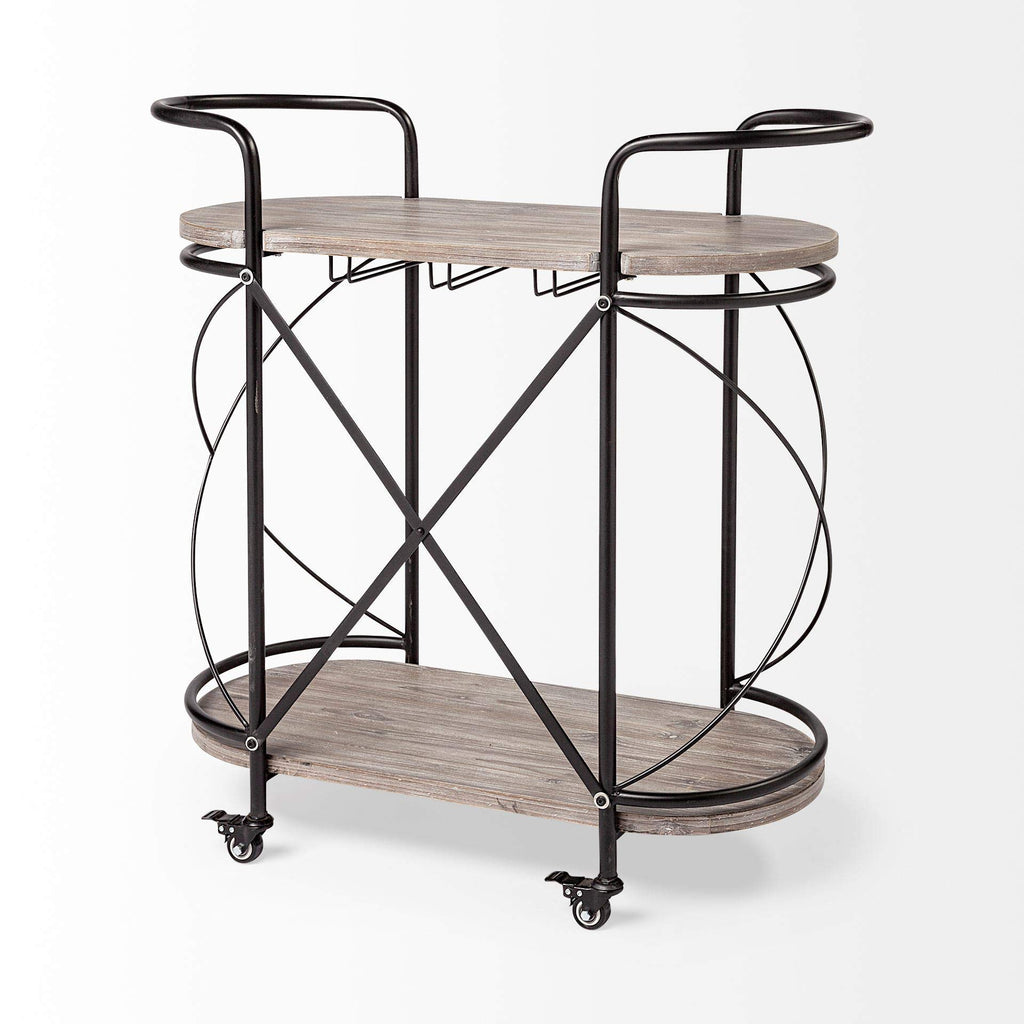 HomeRoots Cyclider Black Metal with Two Wooden Shelves Bar Cart
