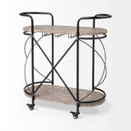 HomeRoots Cyclider Black Metal with Two Wooden Shelves Bar Cart