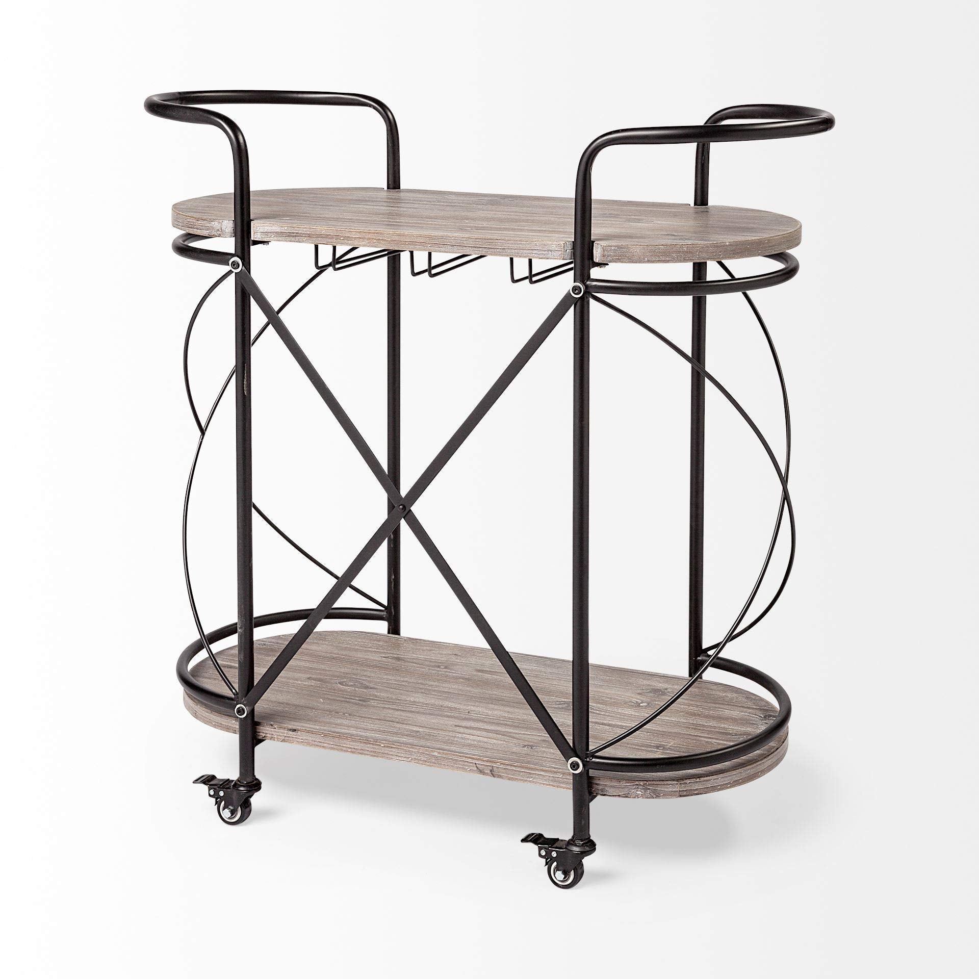 HomeRoots Cyclider Black Metal with Two Wooden Shelves Bar Cart