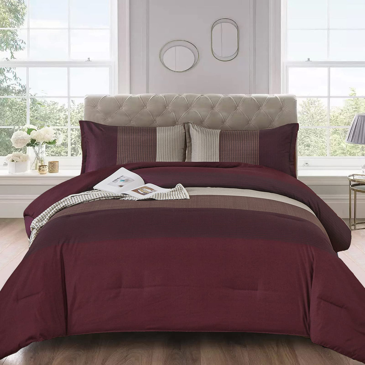 Wongs Bedding Burgundy Comforter Set Queen, Reversible Burgundy Stripe Down Alternative Comforter For All Season,3 Pieces(1 Comf