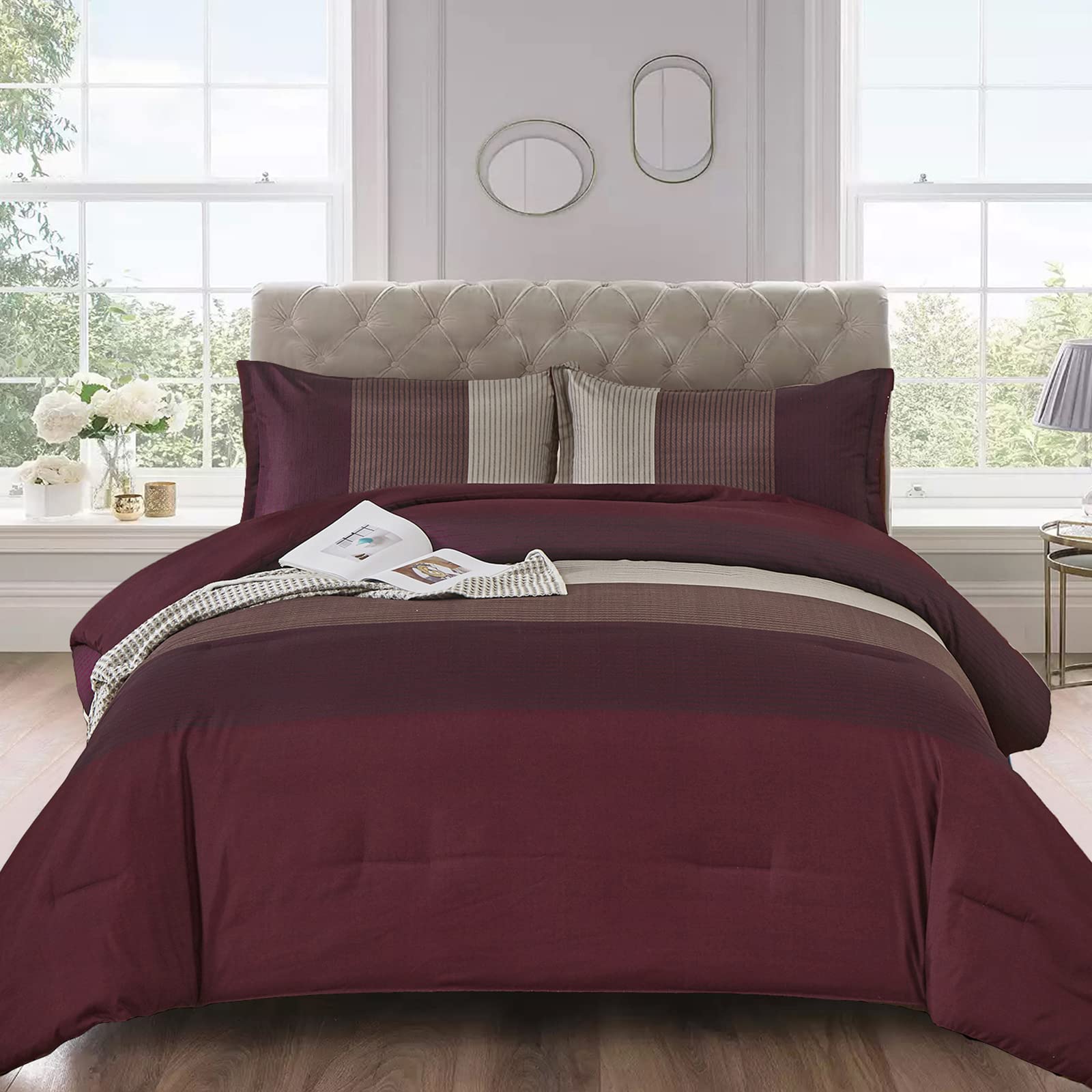 Wongs Bedding Burgundy Comforter Set Queen, Reversible Burgundy Stripe Down Alternative Comforter For All Season,3 Pieces(1 Comf