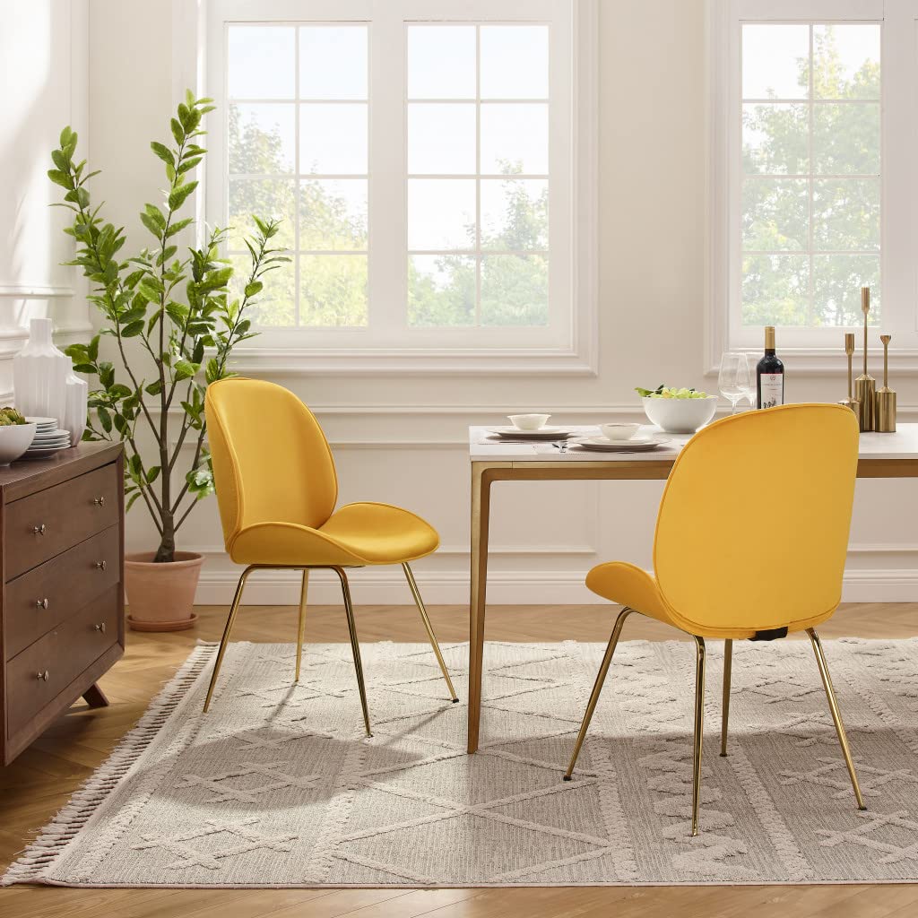 HomeRoots Velvet Seat, Metal Legs Set of Two Gold and Yellow Velvet Shell Shape Dining Chairs