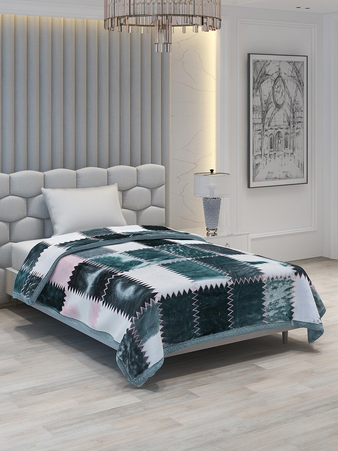 Monte Carlo Winter Single Bed Blanket Joseph 2 Ply 994 GSM | 3.5 KG (Width 1.60 M X Length 2.20 M) Green Cream