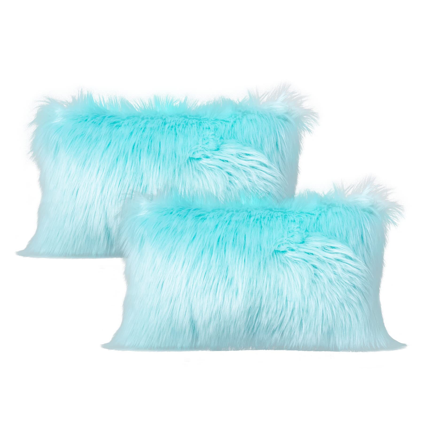 Ligicky Set Of 2 Decorative Teal Fluffy Lumbar Soft Turquoise Faux Fur Throw Pillow Cover Luxury Series Rectangle Fuzzy Plush Pi