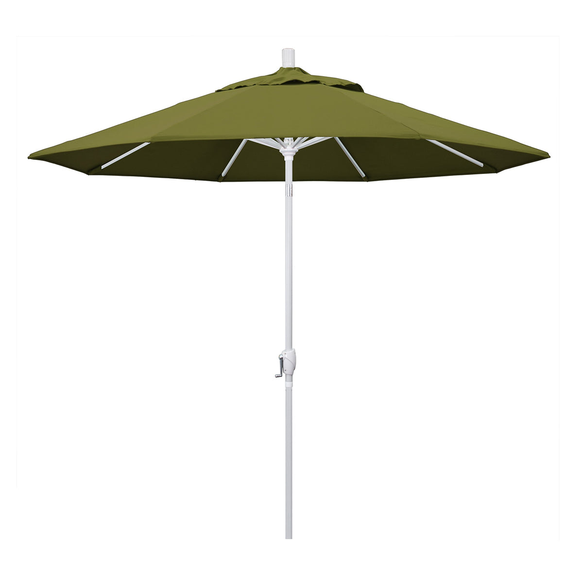 California Umbrella 9' Round Aluminum Market Umbrella, Crank Lift, Push Button Tilt, White Pole, Pacifica Palm