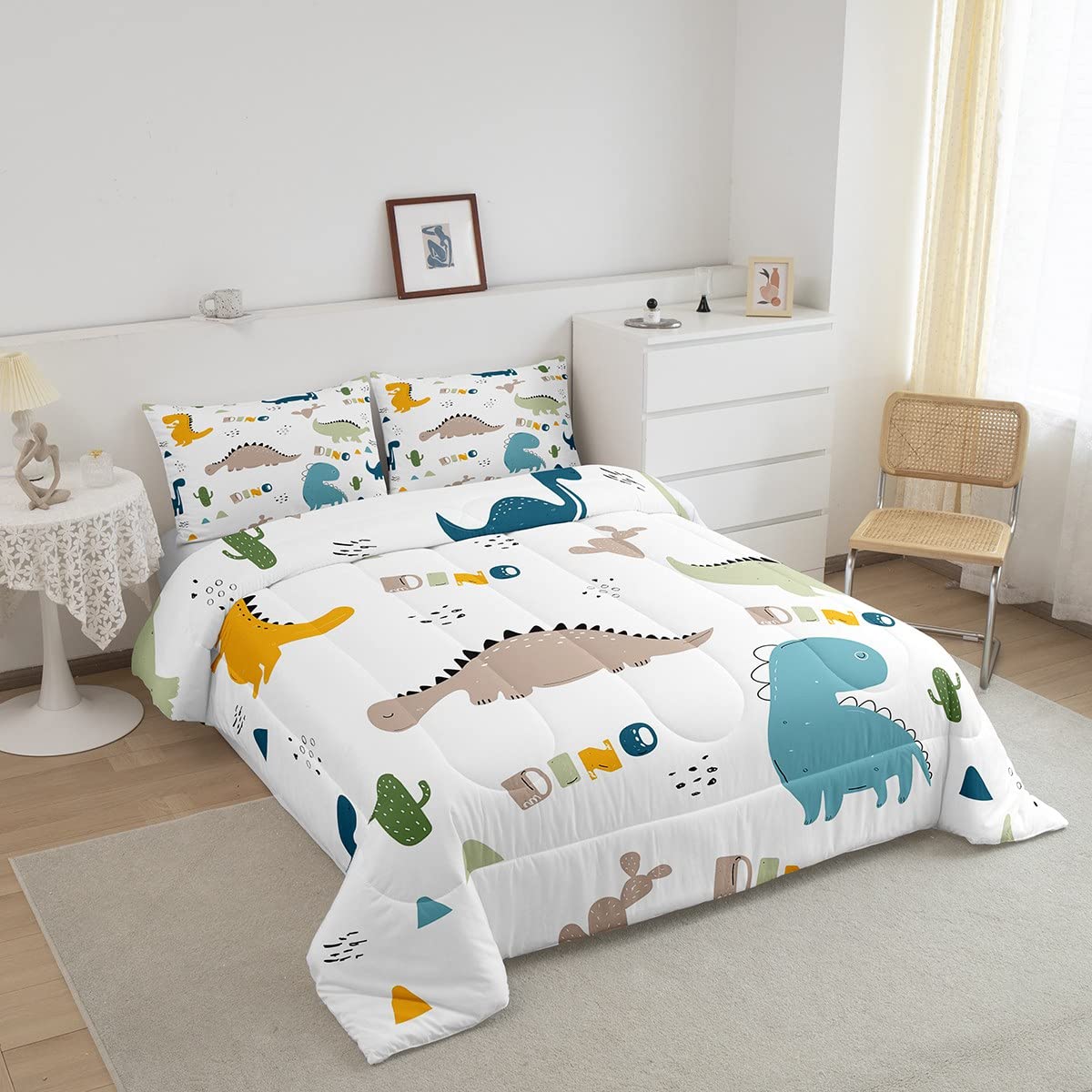 Feelyou Cute Dinosaur Comforter Set Cartoon Cactus Bedding Set Decor Jungle Dino Boho Succulent Comforter Wild Animal Pattern Ye