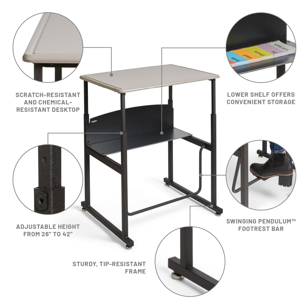 Safco Alphabetter Student Standing Desk, Adjustable Height With Shelf And Swinging Pendulum Foot Rest, 28" W X 20" D, Gray