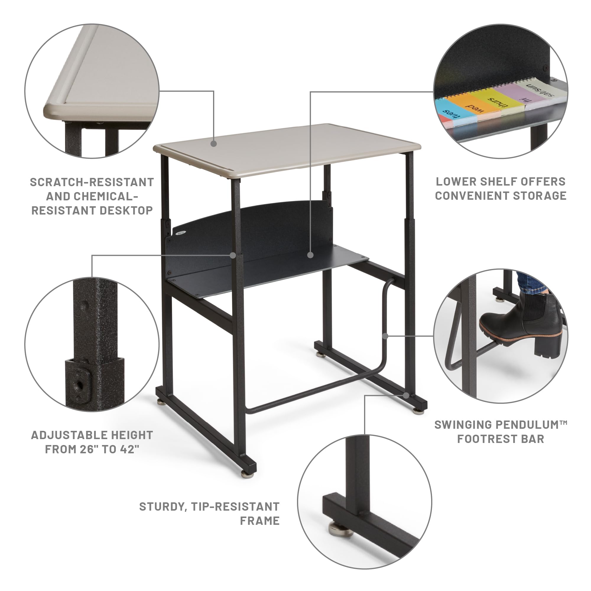 Safco Alphabetter Student Standing Desk, Adjustable Height With Shelf And Swinging Pendulum Foot Rest, 28" W X 20" D, Gray