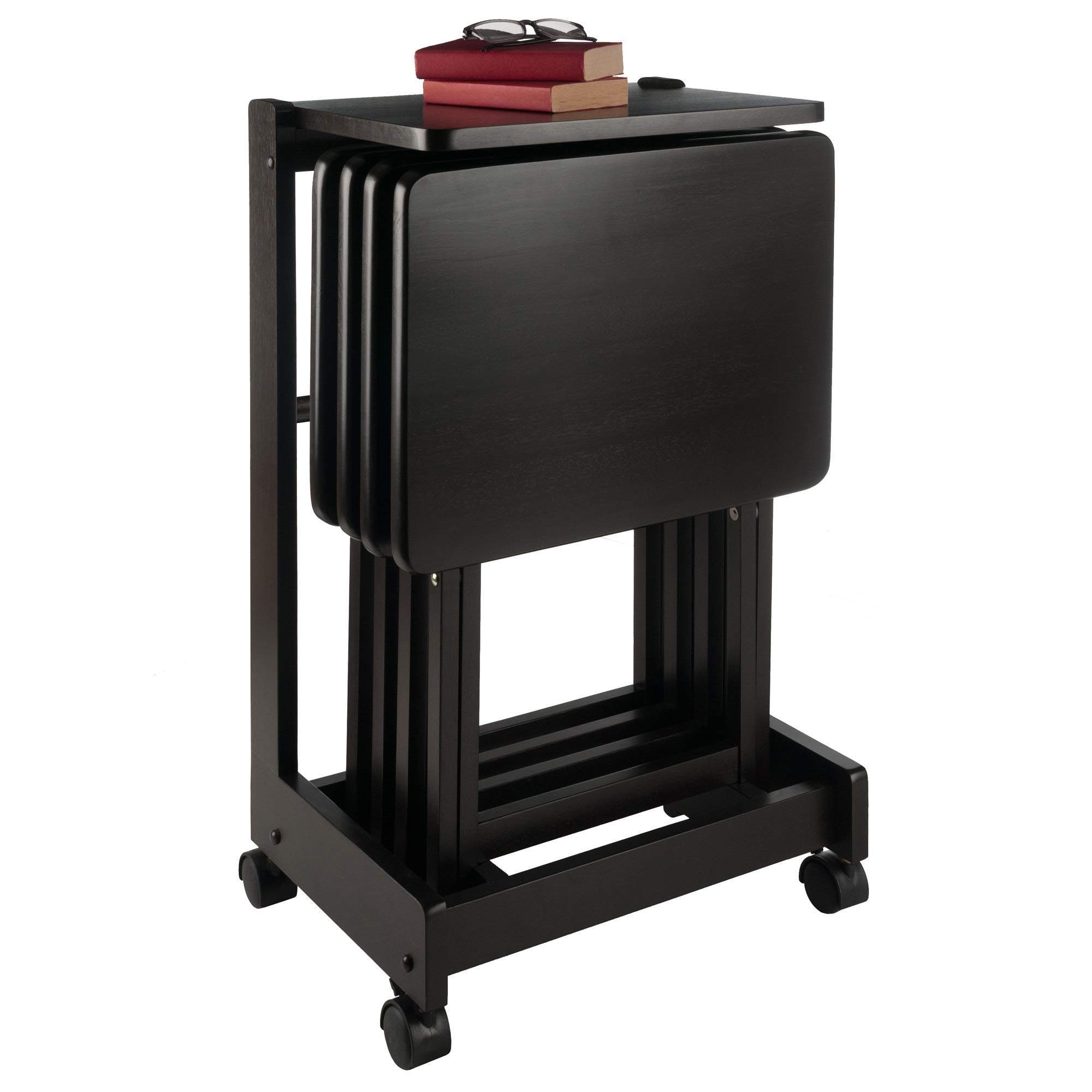 Ergode Wood Brienda 5-Piece Snack Table Set - Foldable Snack Tables with Storage Rack and Serving Cart, Solid Wood, Deep Coffee Finish, Mobile with Locking Wheels, Perfect for Home Entertainment