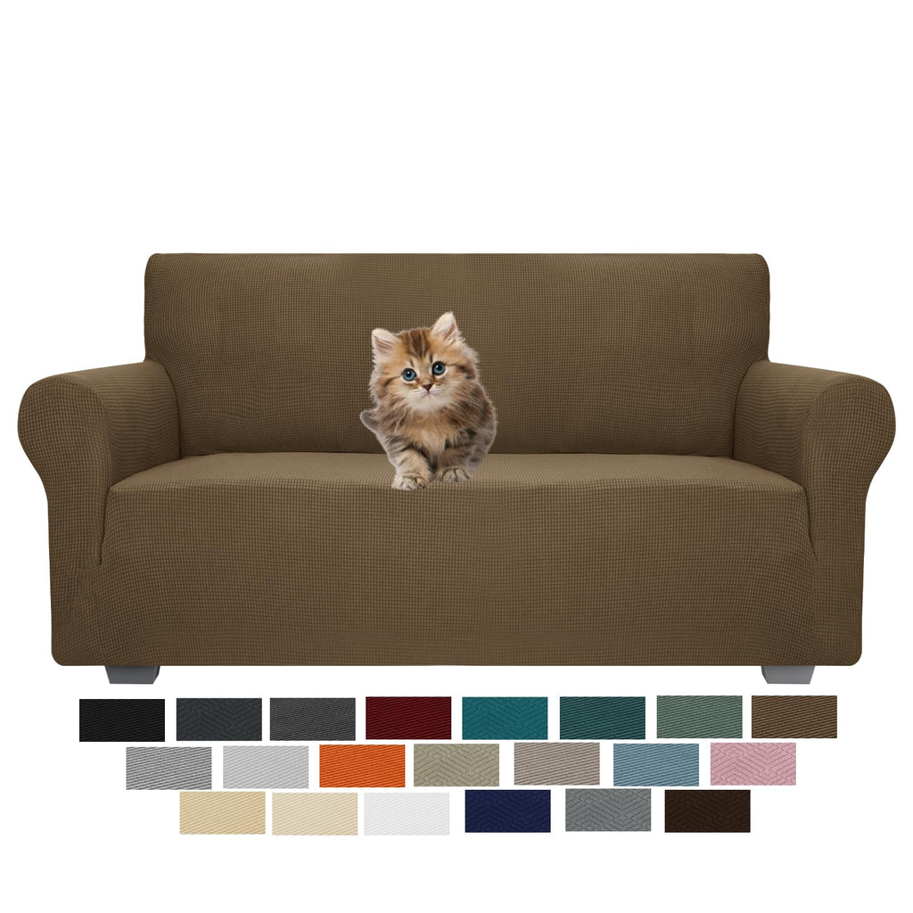 Jiviner High Stretch 1-Piece Jacquard Small Checks Couch Covers For 2 Cushion Couch Anti Slip Love Seat Sofa Covers Loveseat Slipcovers Protector For Kids Pets (Loveseat, Brown)