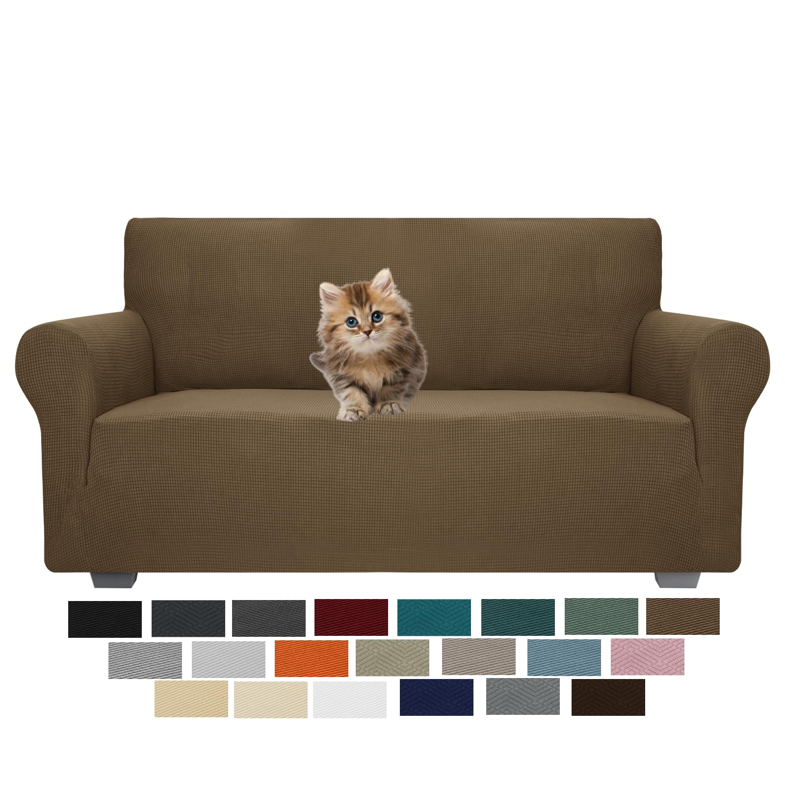 Jiviner High Stretch 1-Piece Jacquard Small Checks Couch Covers For 2 Cushion Couch Anti Slip Love Seat Sofa Covers Loveseat Slipcovers Protector For Kids Pets (Loveseat, Brown)