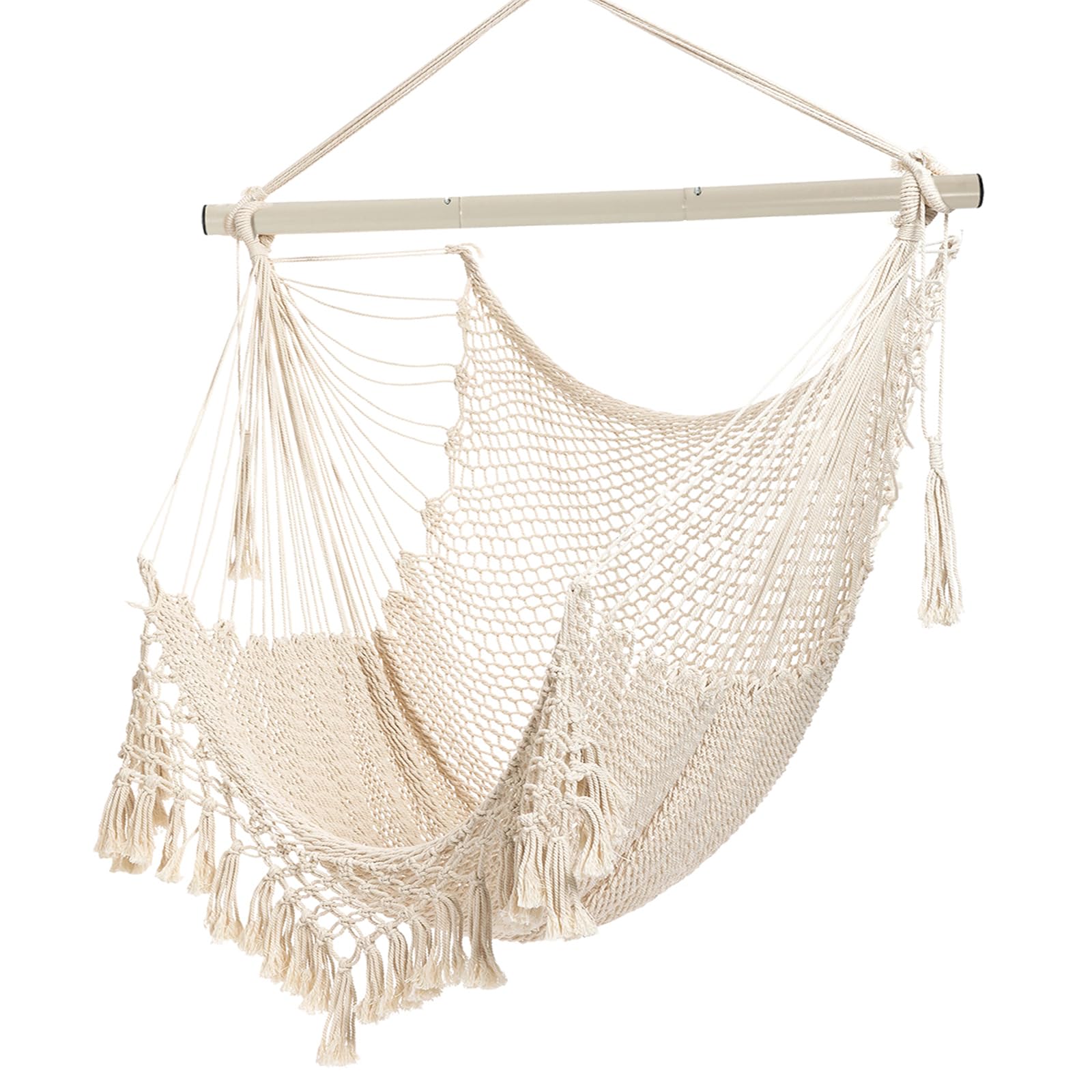 Hammock Chair,Max 330Lbs, Large Hanging Chair, Soft Cotton Rope Swing Chair With High Load-Bearing Metal Rod,Indoor Outdoor Gard