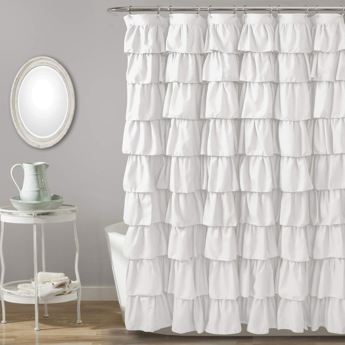 Lush Decor Ruffle Shower Curtain | Floral Textured Vintage Chic Farmhouse Style Design, White, 72' X 72'