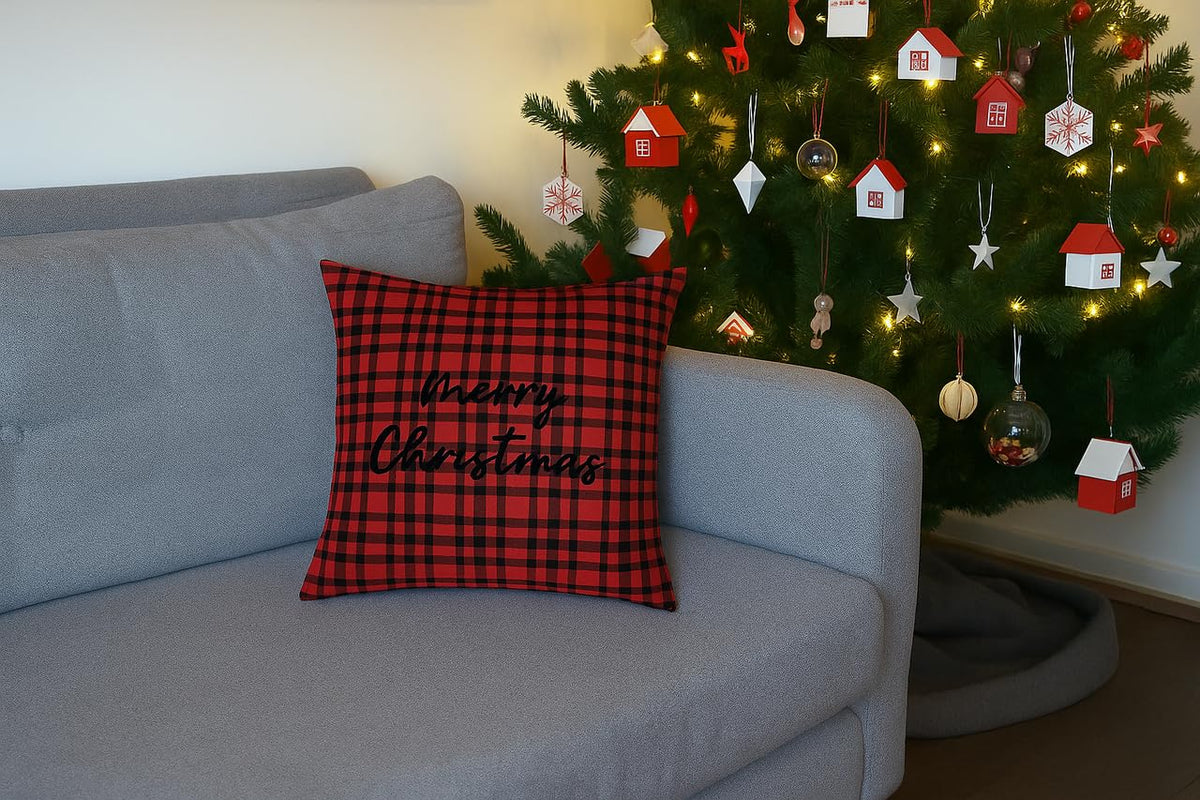 Jyotex Buffalo Plaid Christmas Throw Pillow Cover, Red And Black Check Pattern With Merry Christmas Embroidery, Decorative Holid