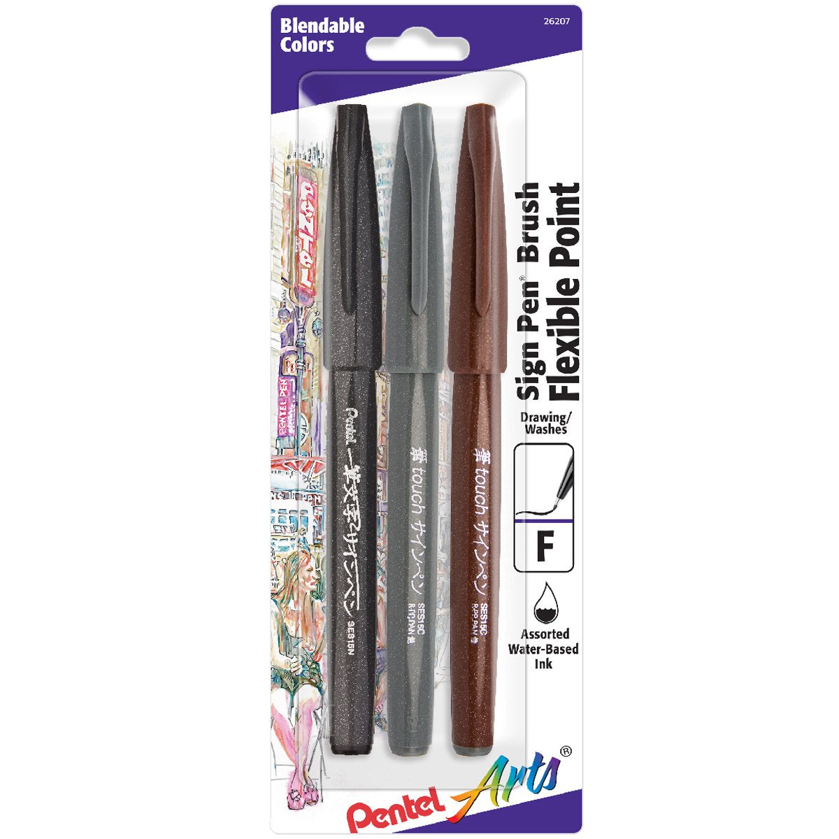 Pentel Arts Sign Pen Touch, Fude Brush Tip, Black/Grey/Sepia Pack Of 3 (Ses15Pabp3M)