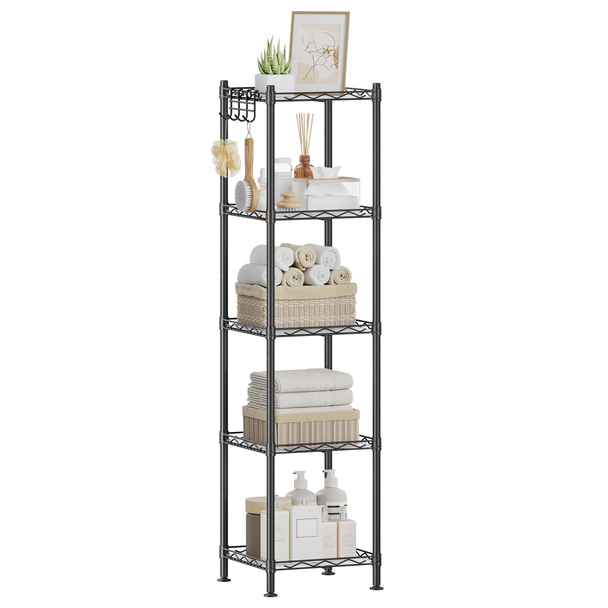 SONGMICS 5-Tier Bathroom Shelf, Storage Rack for Small Space, with 5 PP Shelf Liners, Removable Hook, Extendable Design, Ink Bla