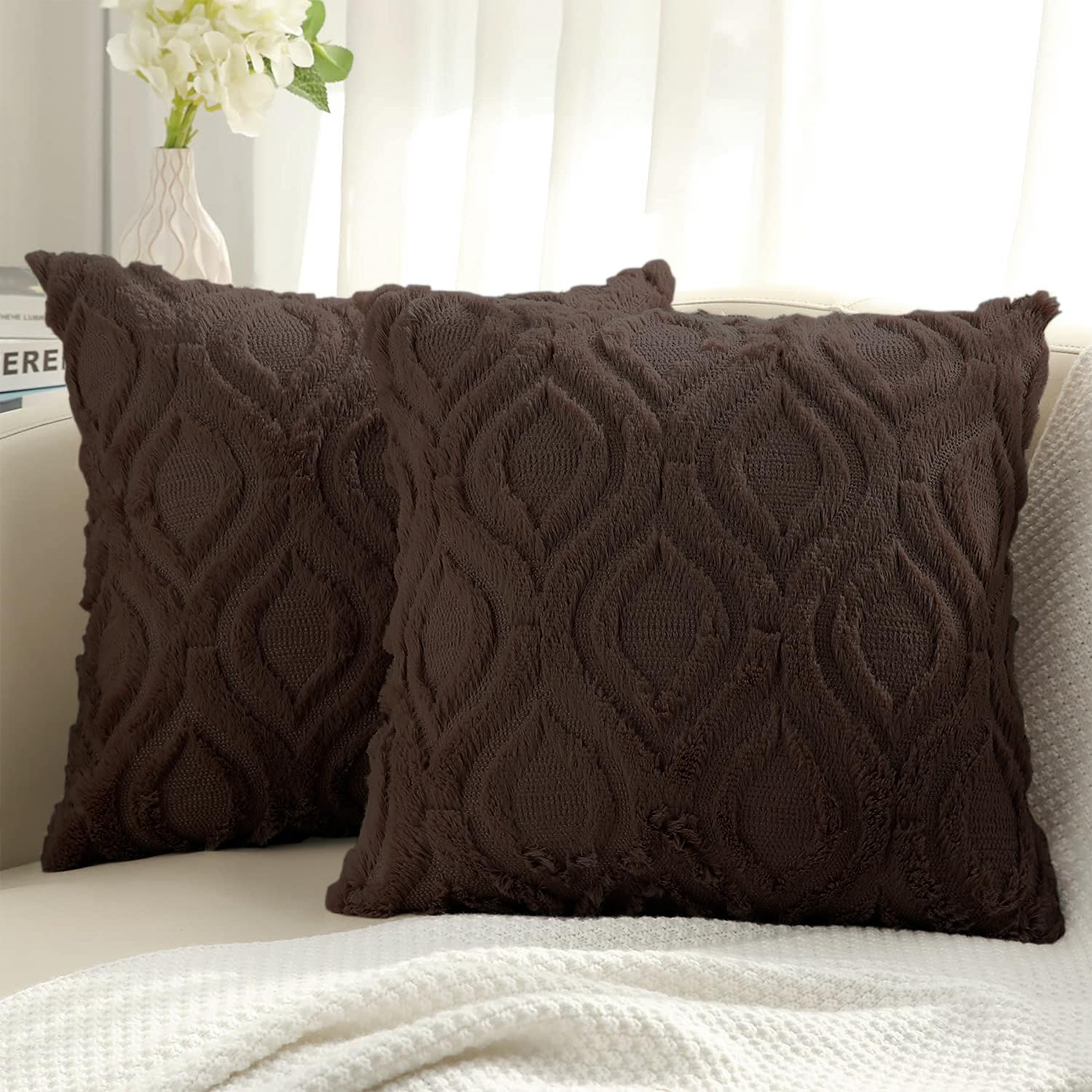 Decoruhome Decorative Throw Pillow Covers 22X22, Soft Plush Faux Wool Couch Pillow Covers For Home, Set Of 2, Brown
