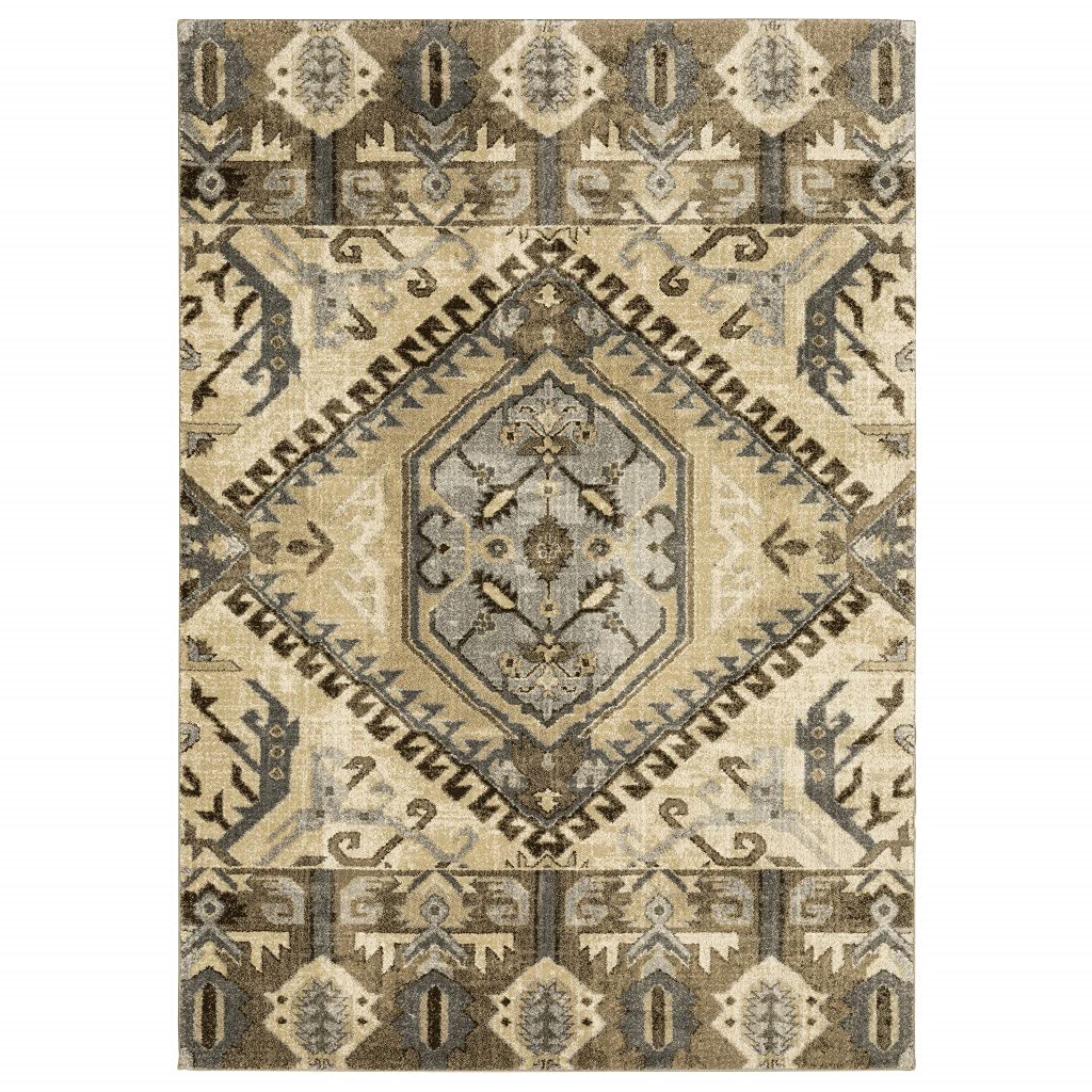 HomeRoots Polypropylene 10’ x 13’ Tan and Gold Central Medallion Indoor Area Rug