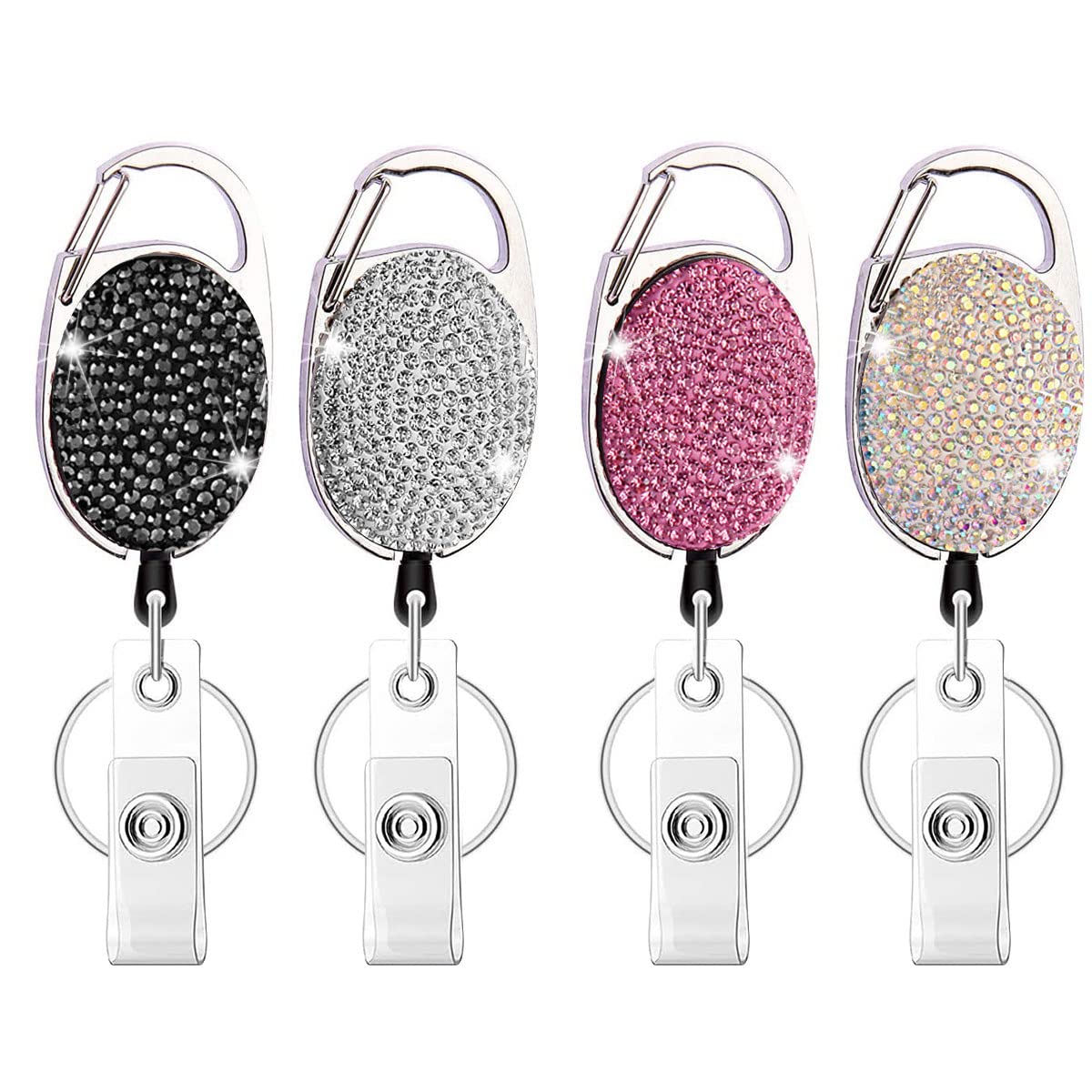 Hasfine 4 Pack Retractable Badge Reels With Bling Rhinestone Design - Belt Clip & Key Ring Badge Holder For Id Cards, Nurses, Te