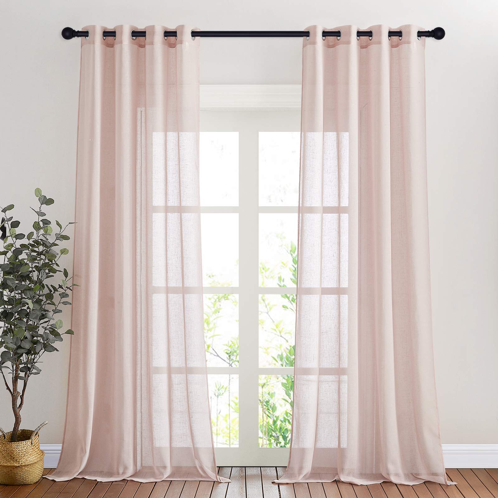 Nicetown Pink Curtains Linen Sheer Textured, Grommet Semi Sheer Linen Weave Window Drapes Privacy With Light Filtering For Girls