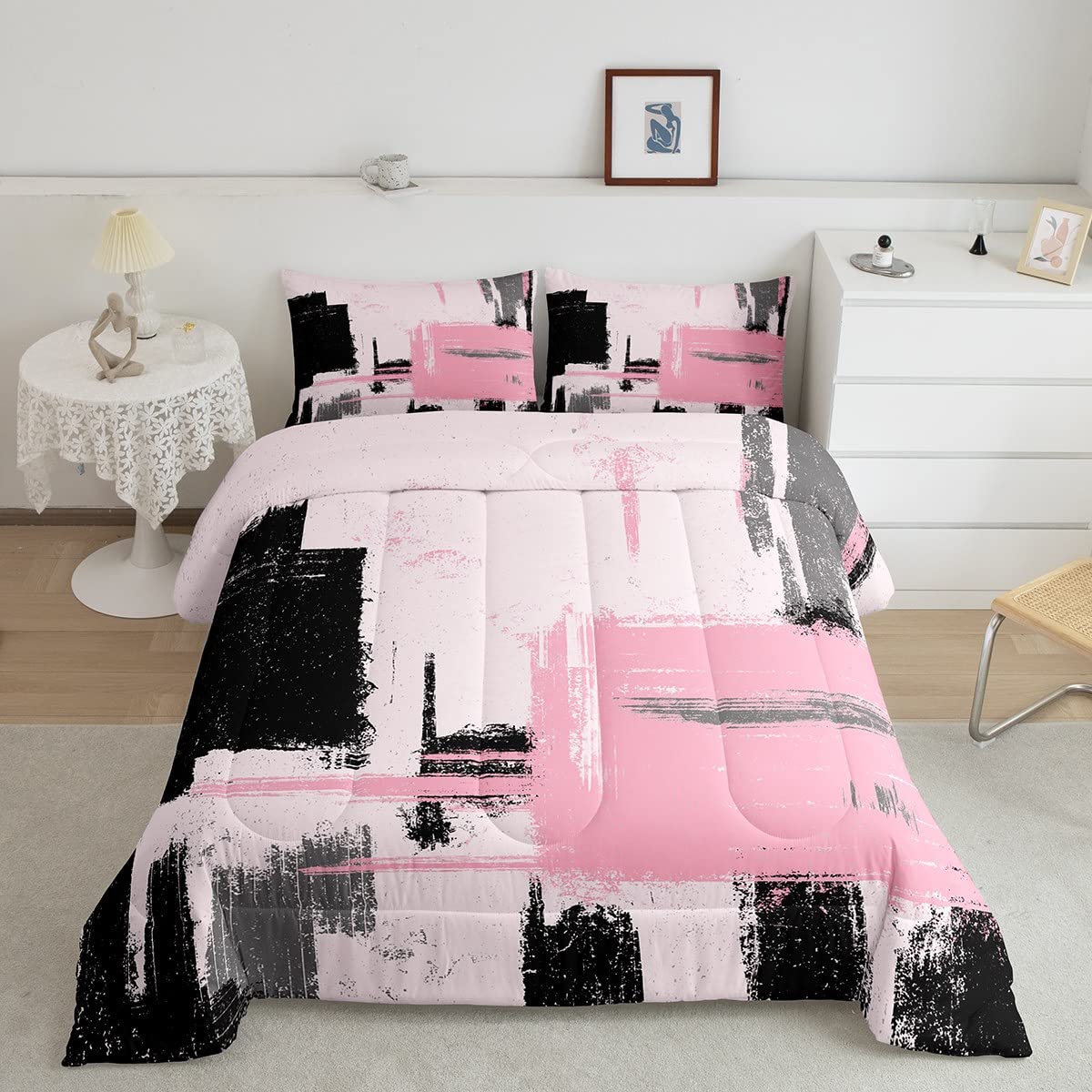 Feelyou Abstract Comforter Modern Abstract Art Comforter Set For Boys Girls Children Pink Black Pattern Bedding Set Room Decor Q