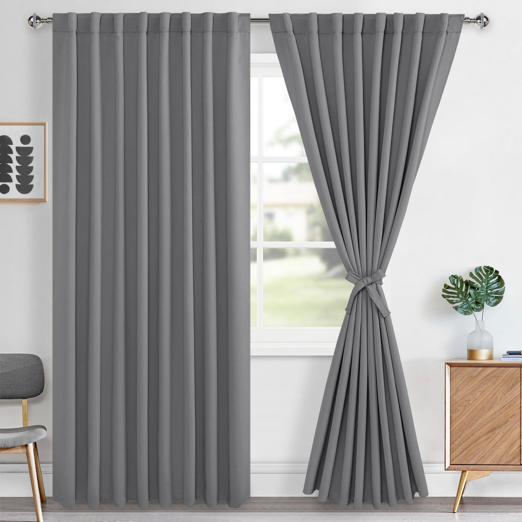 Hiasan Grey Blackout Curtains 2 Panels for Bedroom, Back Tab & Rod Pocket Gray Curtains 96 inch Long Sewn with Tiebacks, Room Da