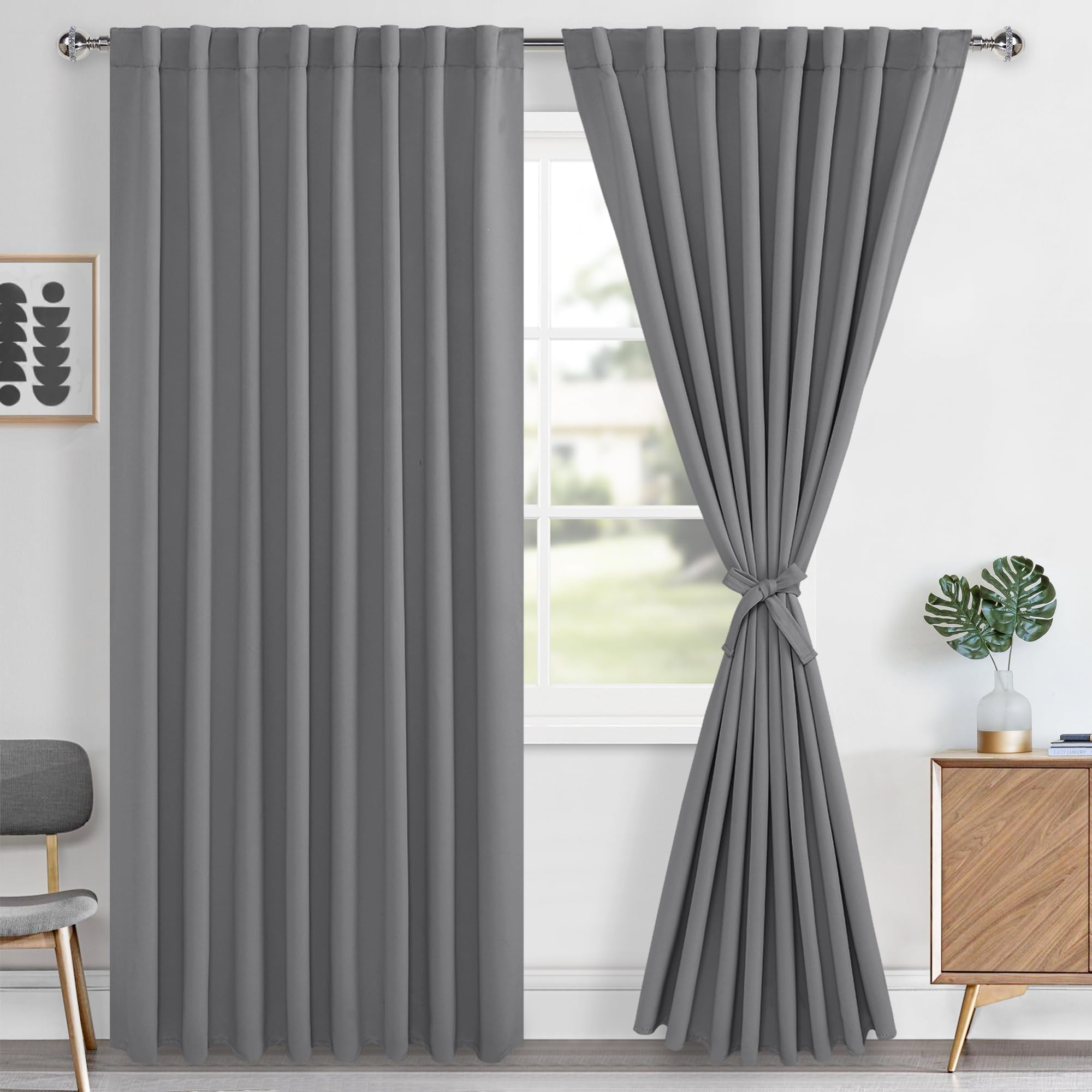 Hiasan Grey Blackout Curtains 2 Panels for Bedroom, Back Tab & Rod Pocket Gray Curtains 96 inch Long Sewn with Tiebacks, Room Da