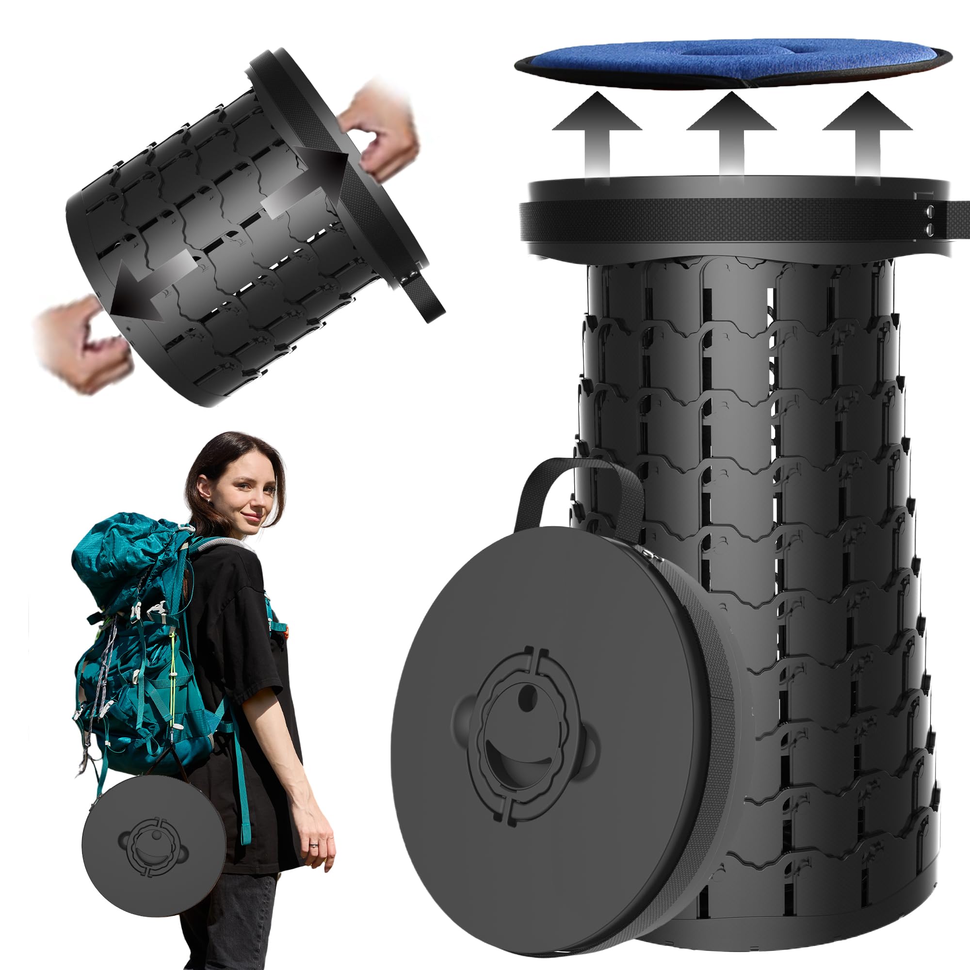 Upgraded XXL Collapsible Stool with Cushion,19.7H-11.8D Telescoping Folding Stool for Adults,More Sturdy Portable Camping Stools