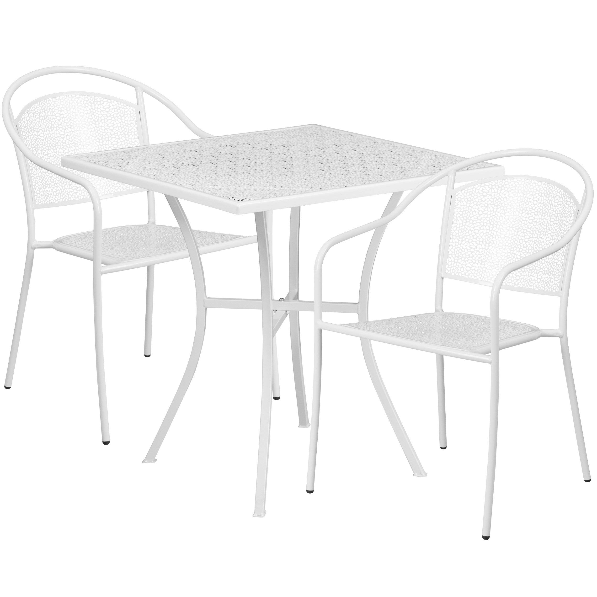 Flash Furniture Commercial Grade 28' Square White Indoor-Outdoor Steel Patio Table Set With 2 Round Back Chairs