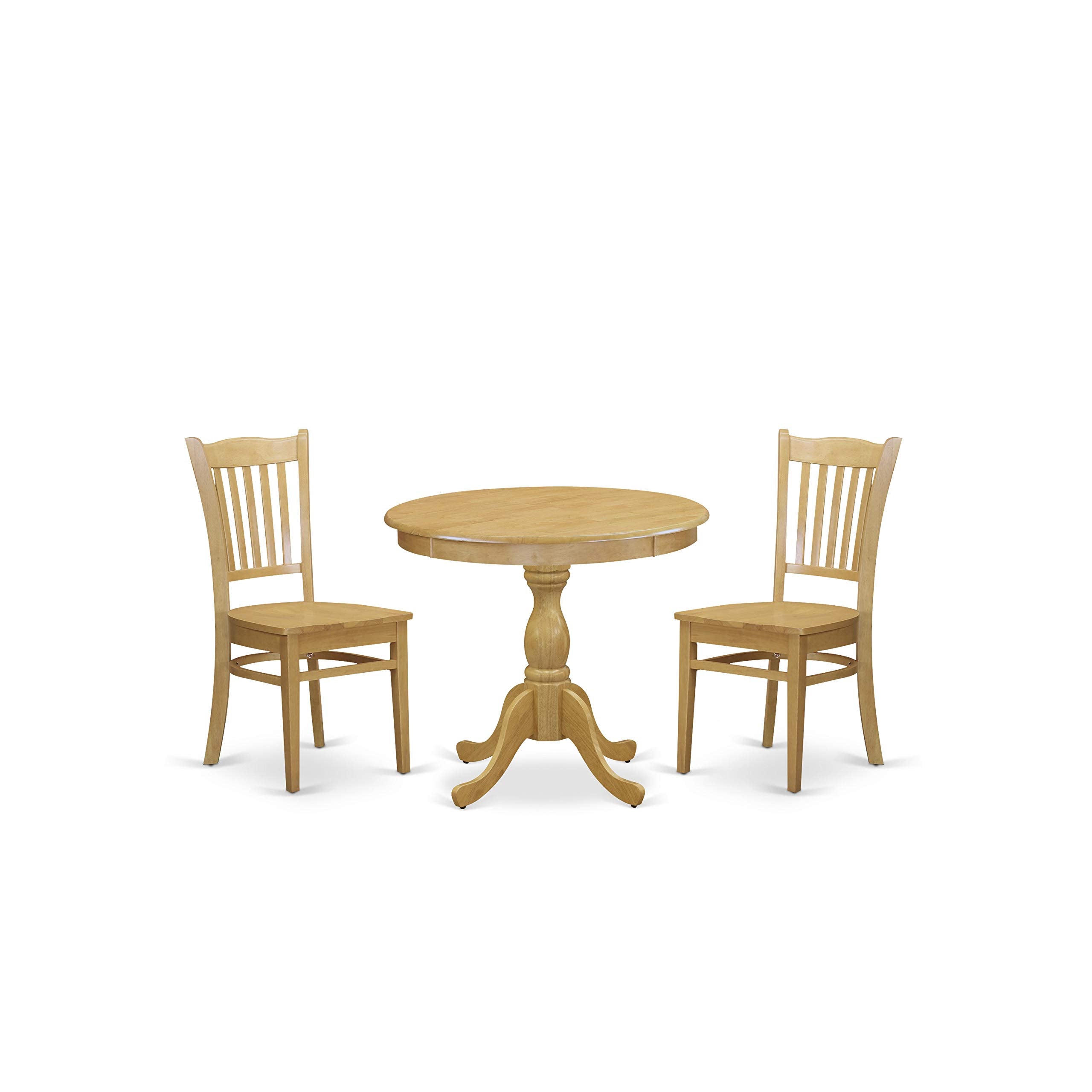 East West Furniture AMGR3-OAK-W 3 Piece Dining Table Set for Small Spaces Contains a Round Kitchen Table with Pedestal and 2 Dining Chairs, 36x36 Inch, Oak