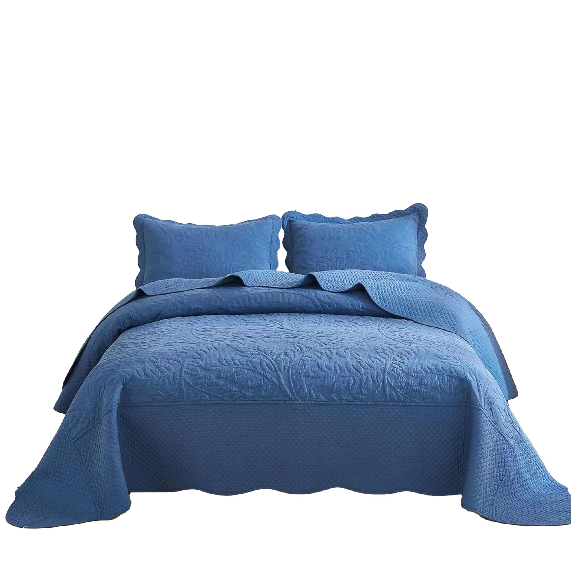 MarCielo 3-Piece 100% Cotton Midtone Blue Oversized Bedspread Set Coverlet Set Lightweight Quilt Set Embroidery Farmhouse Beddin