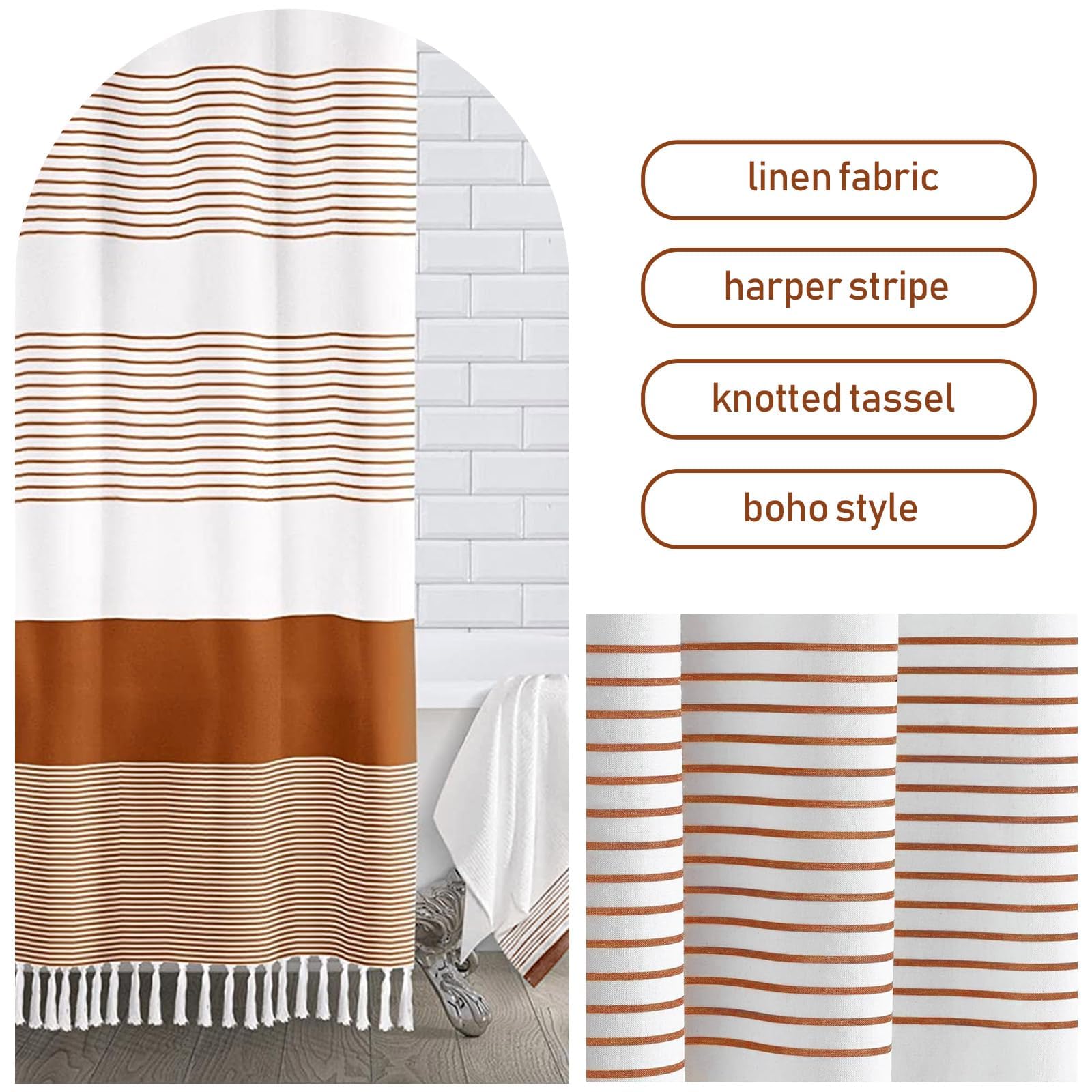 Awellife Boho Orange Shower Curtain For Bathroom Farmhouse Natural Linen Stripe Tassel Shower Curtain (Orange, 72' L X 60' W)