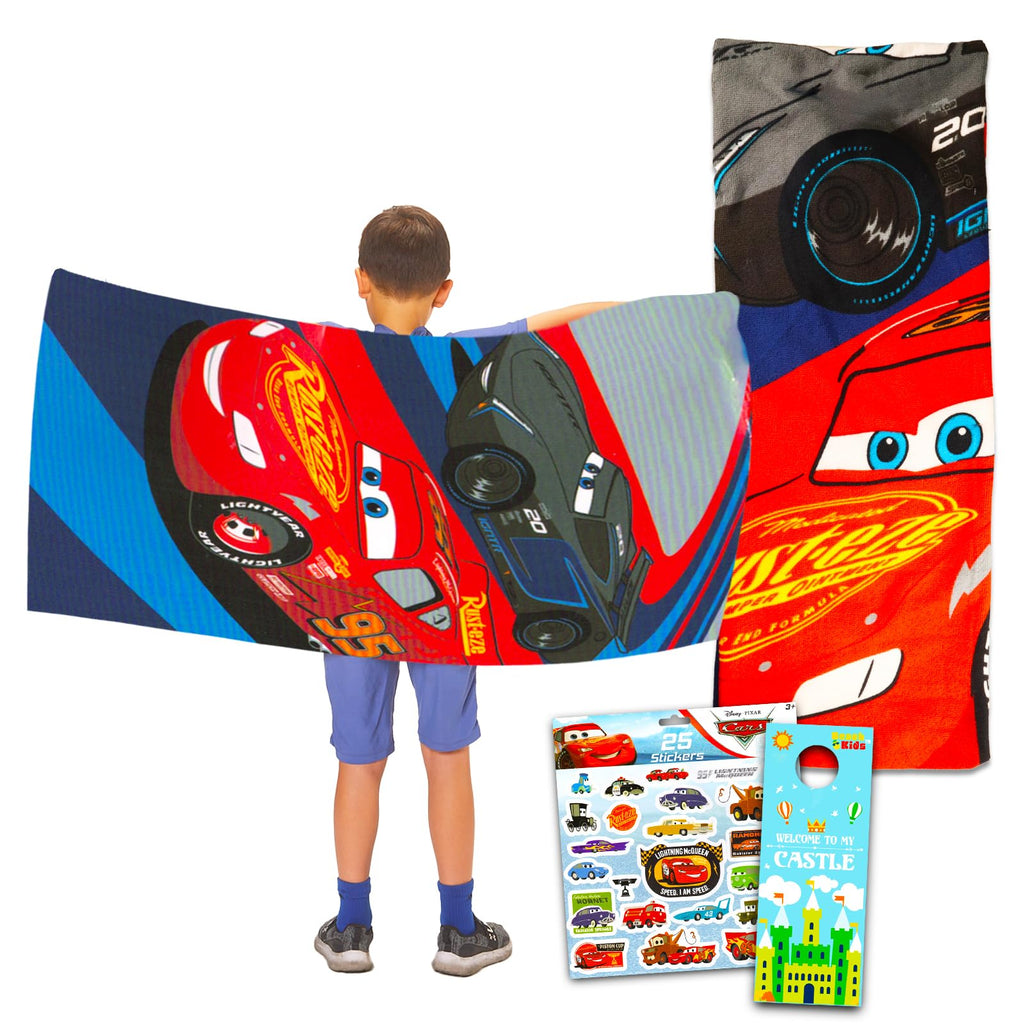 Disney Cars Beach Towel Set - Bundle with Lightning McQueen Pool Towel Plus Cars Stickers and More (Cars Beach Towel for Kids an