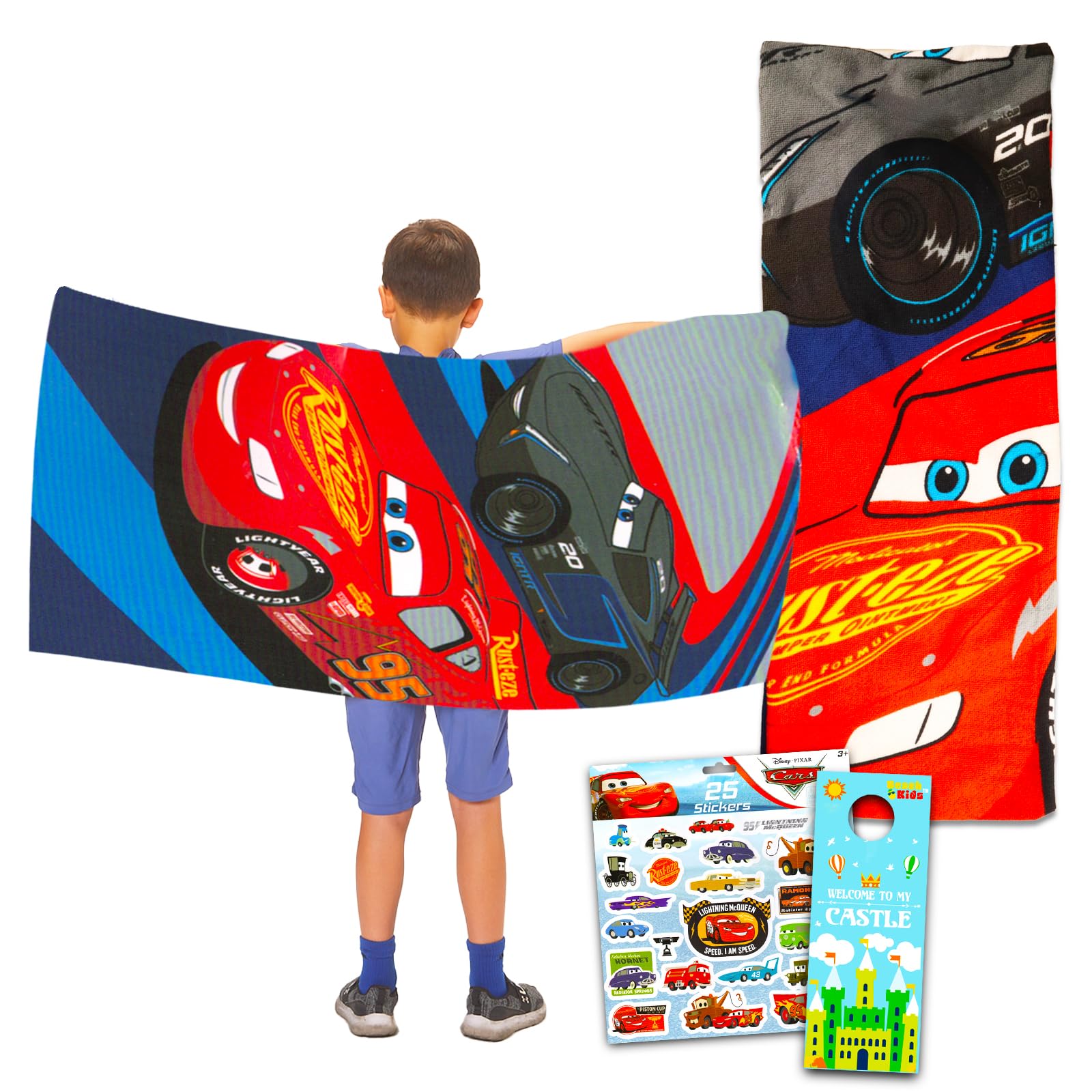 Disney Cars Beach Towel Set - Bundle with Lightning McQueen Pool Towel Plus Cars Stickers and More (Cars Beach Towel for Kids an