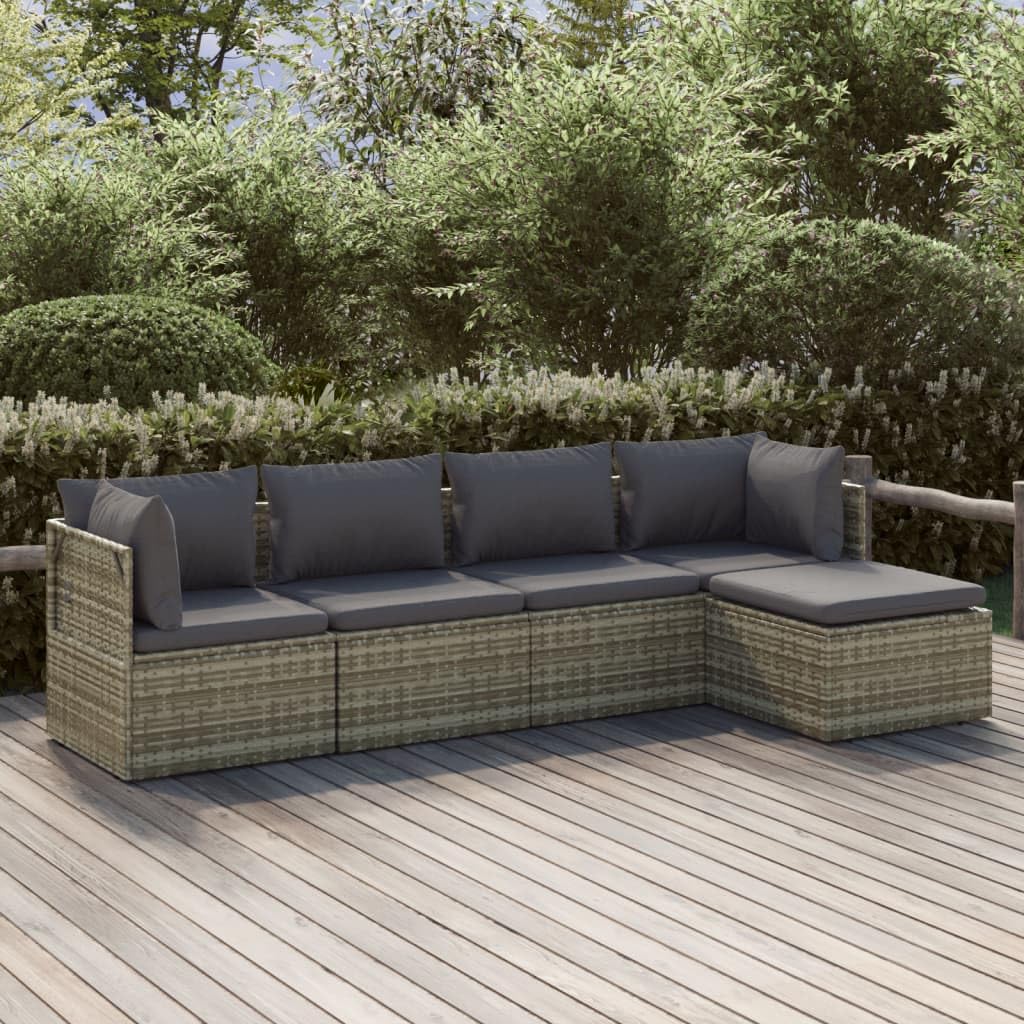 vidaXL Poly Rattan 5-Piece Patio Lounge Set with Cushions and Storage - Gray/Dark Gray, Durable Outdoor Furniture for Garden/Deck
