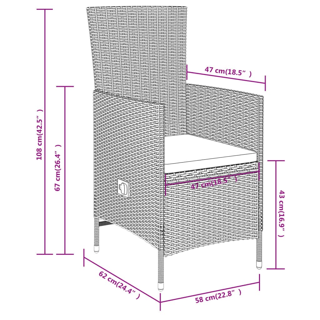vidaXL 3-Piece Patio Dining Set – Beige Rattan Reclining Chairs with Cushions & Glass Table for Garden/Outdoor Lounge