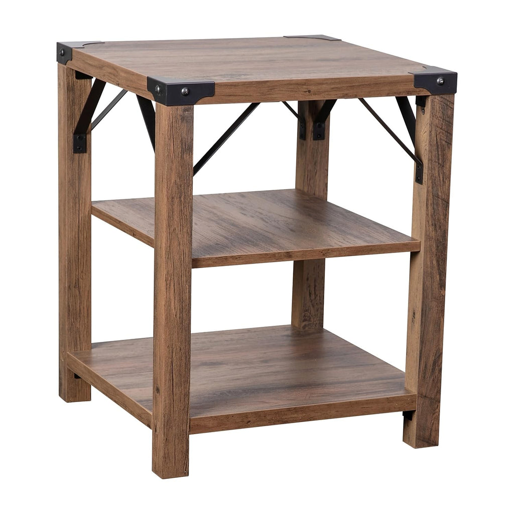 Flash Furniture Wyatt Modern Farmhouse 3 Tier Side Table - Rustic Oak Engineered Wood Frame - Black Metal Crisscross Side Braces and Corner Accents