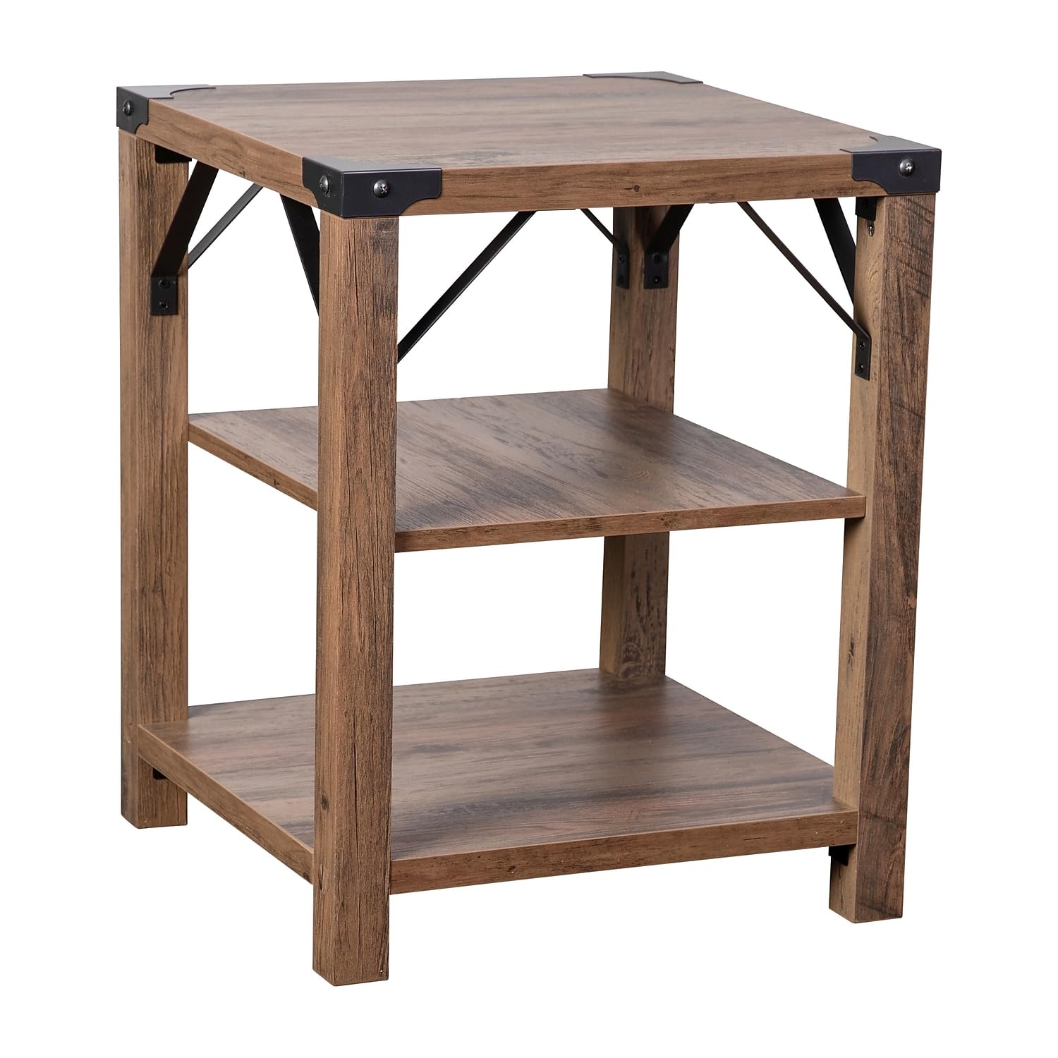 Flash Furniture Wyatt Modern Farmhouse 3 Tier Side Table - Rustic Oak Engineered Wood Frame - Black Metal Crisscross Side Braces and Corner Accents