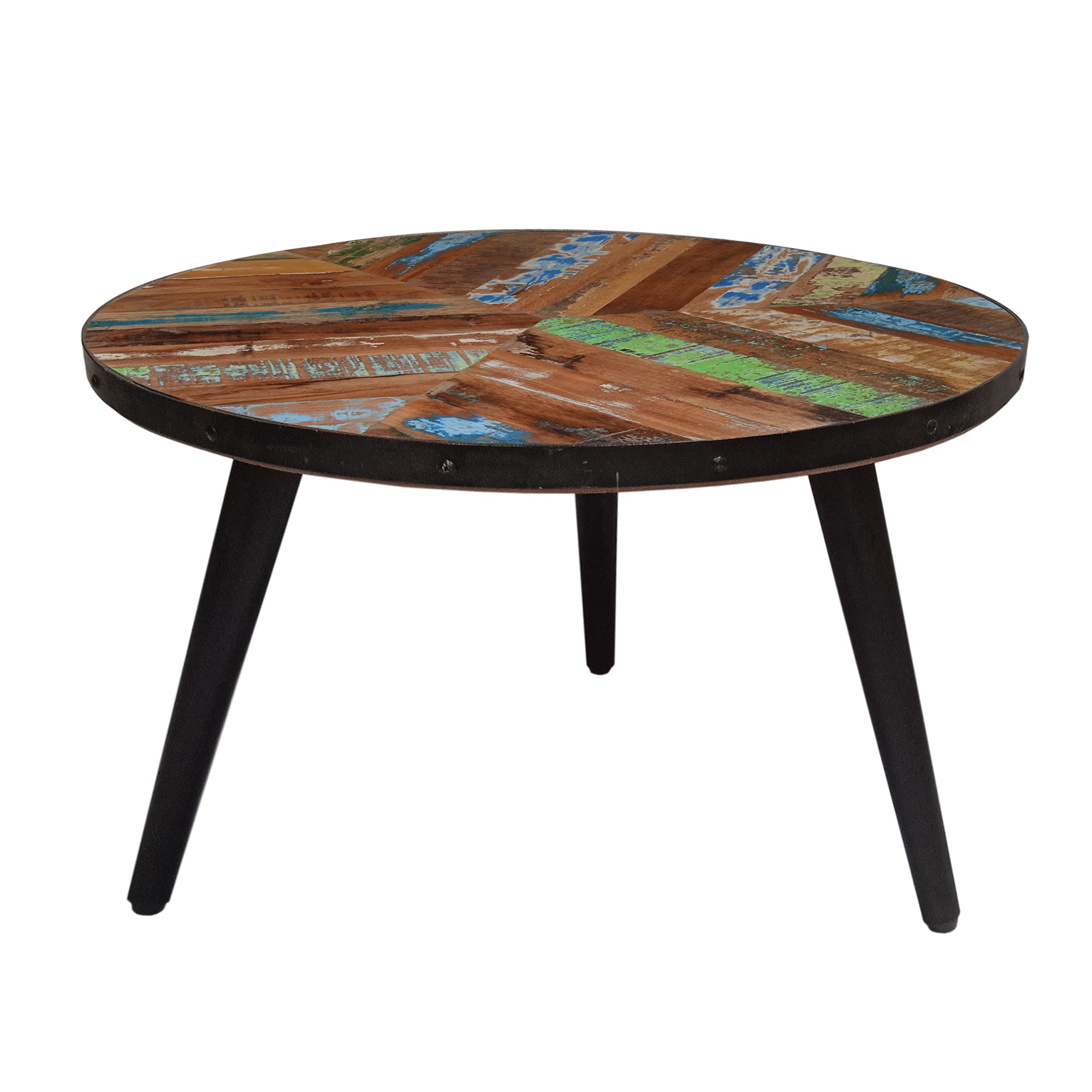 The Urban Port 17-Inch Industrial Side Table, Reclaimed Wood, Round Multi Tone Top, Iron Trim, Brown and Black