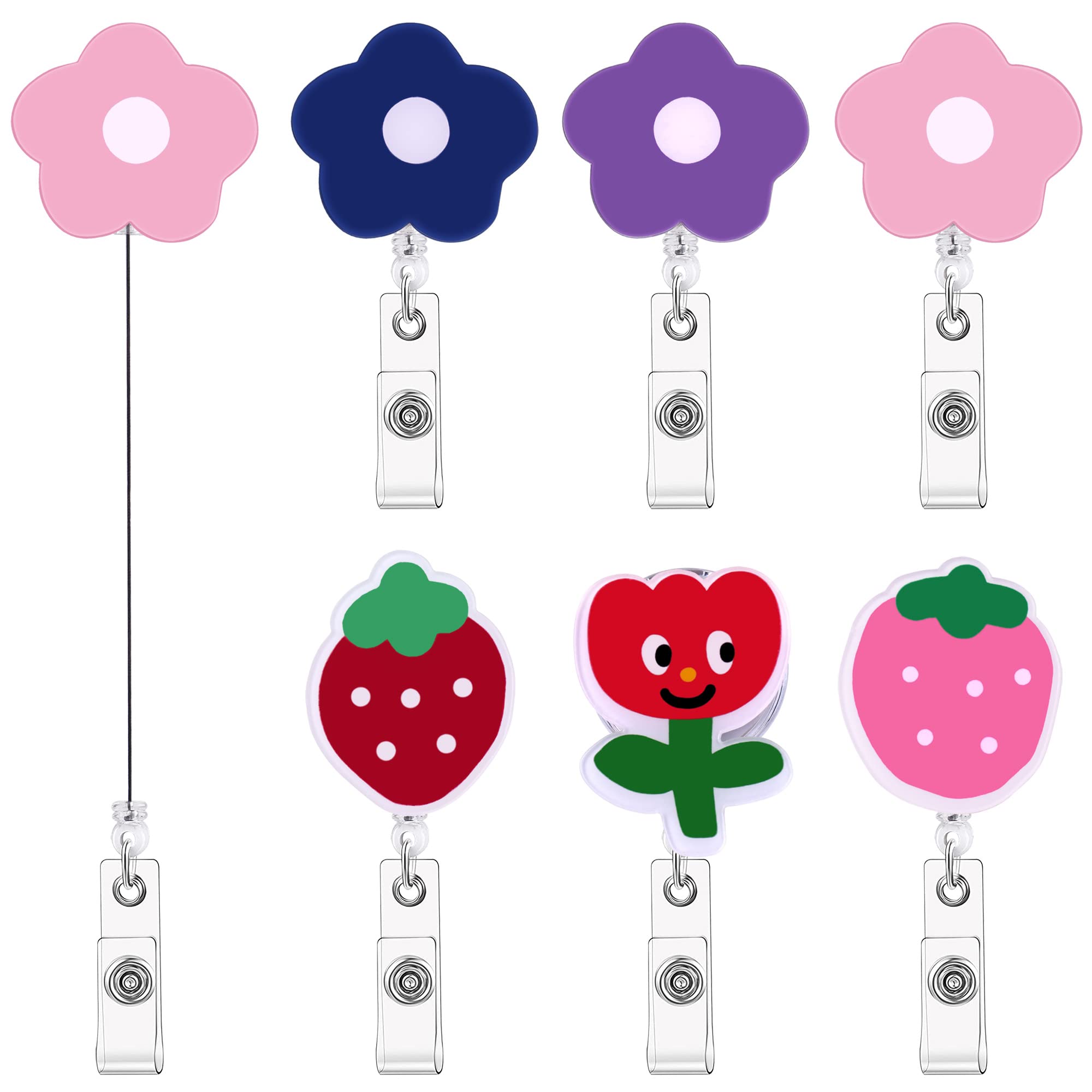 6 Pack Retractable Badge Holder Id Card Badge Reels With Alligator Clip Cute Flowers Strawbarry Name Card Nurse Extension Keycha